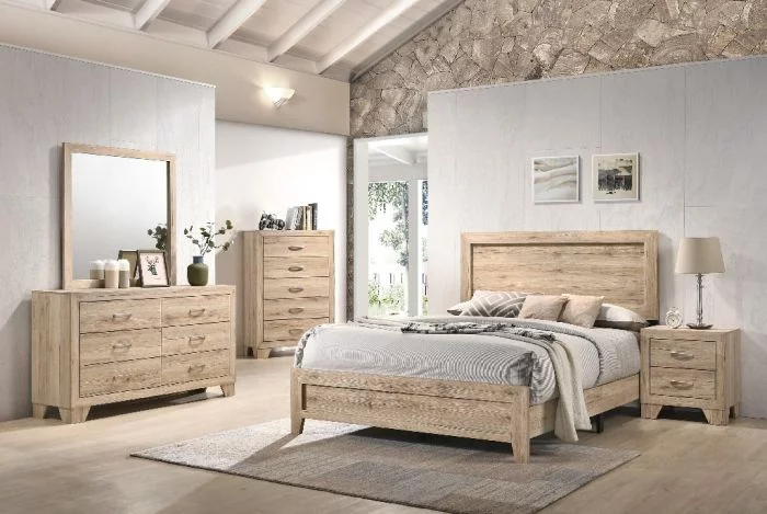 4pc Transitional Bedroom Furniture Set Queen Size Bed Washed Oak Finish