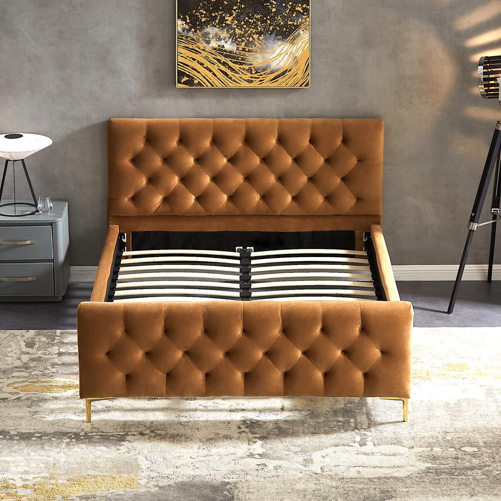 Bella Mid-Century Modern Velvet Upholstered Queen Platform Bed in Tan