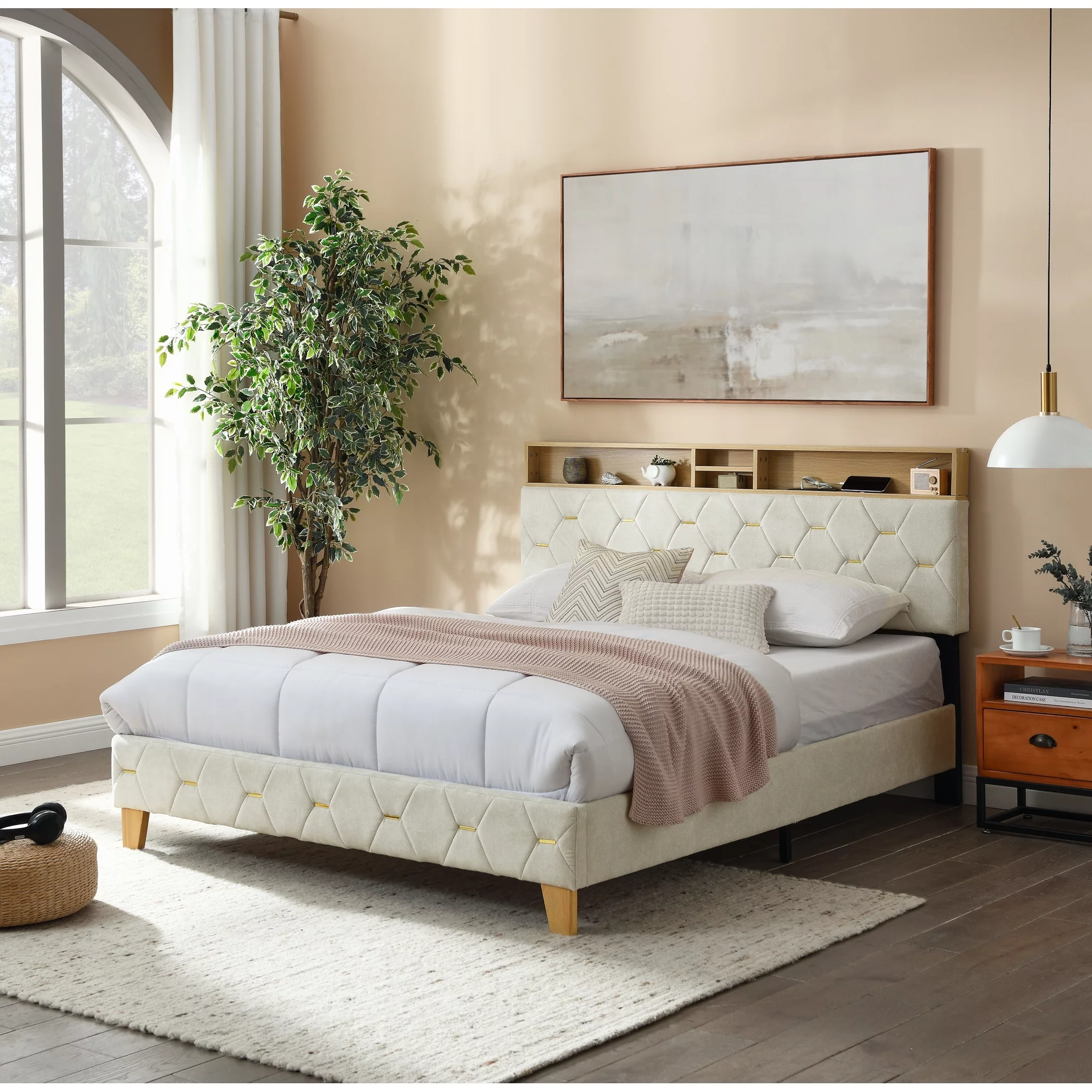 Queen Size Bed Frame, Shelf Upholstered Headboard, Platform Bed with Outlet & USB Ports, Wood Legs, No Box Spring Needed, Easy Assembly, Beige