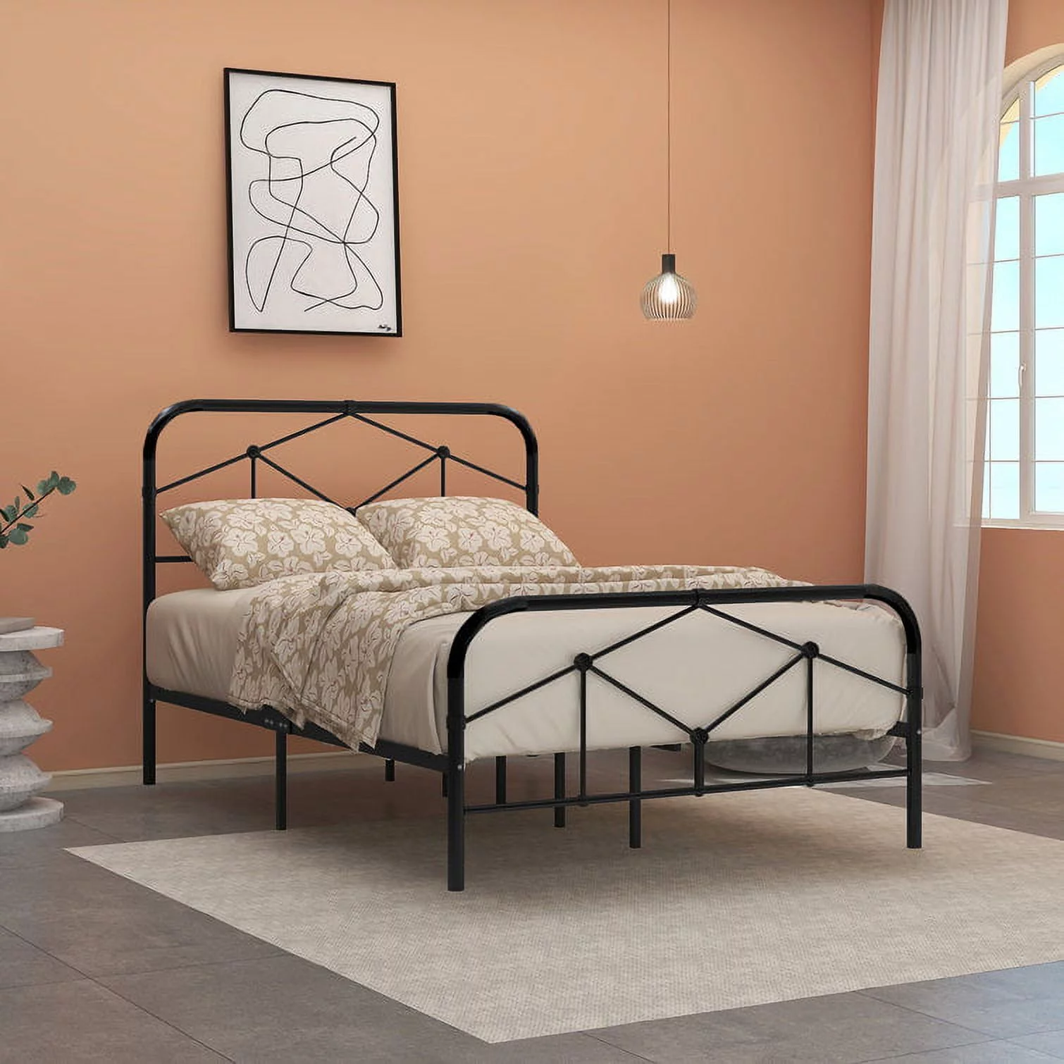 AGARTT Metal Platform Bed With Headboard And Footboard No Box Spring,Queen Size,White