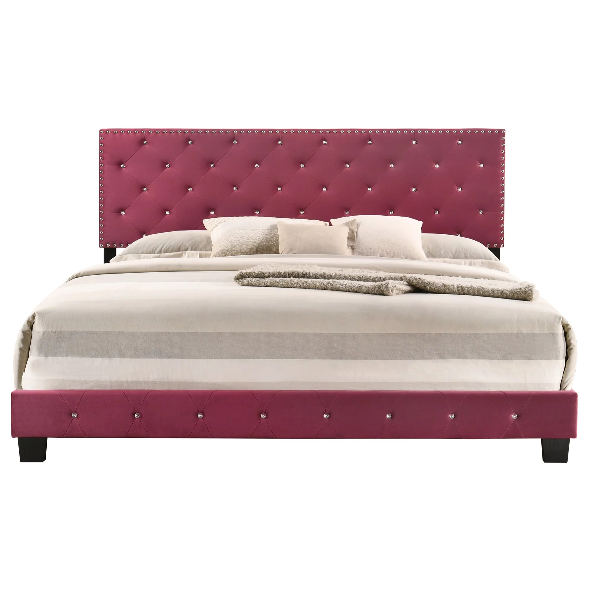 Passion Furniture  Suffolk Tufted Velvet Upholstered Panel Bed, Cherry - King Size