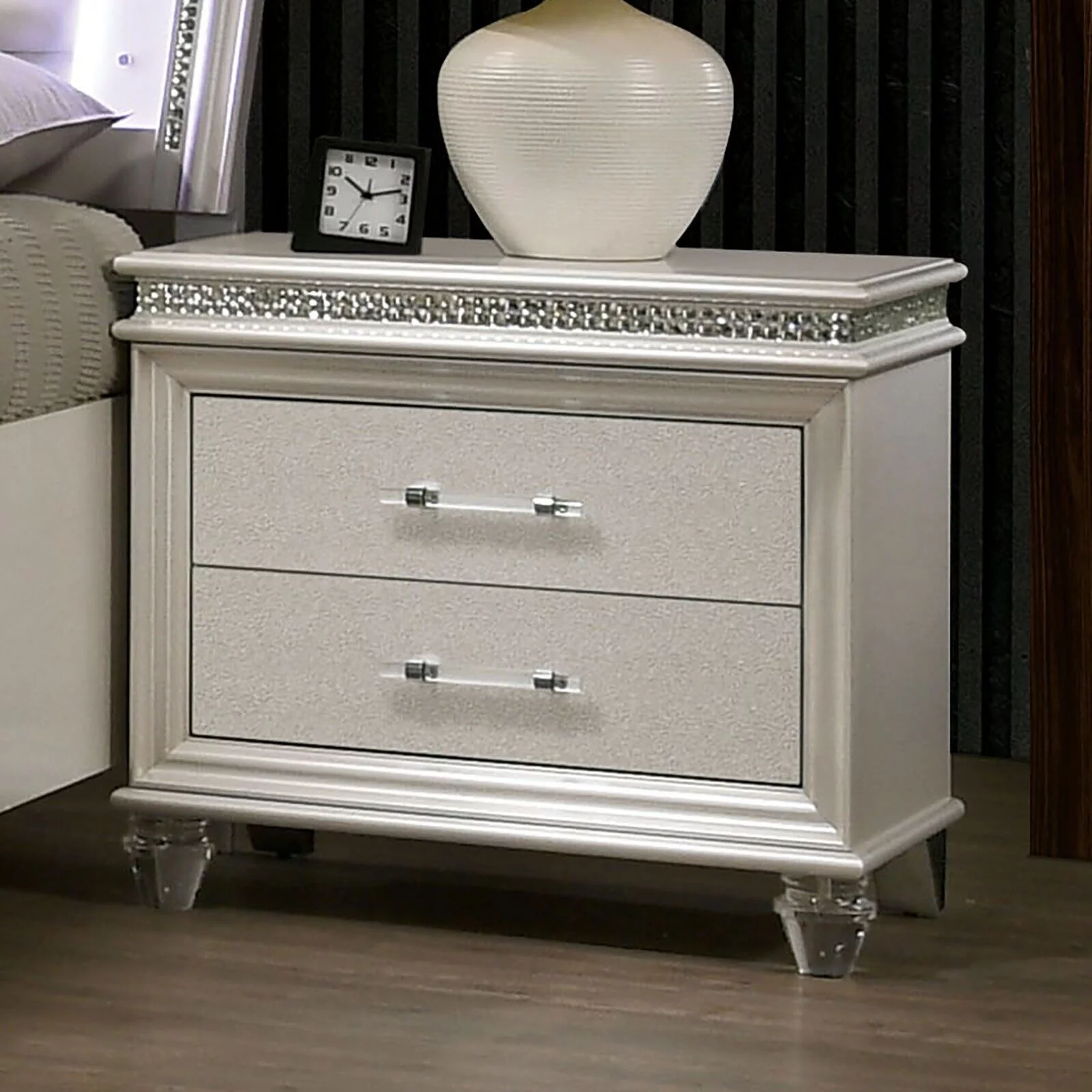 Bedroom 3pc Set Pearl White California King Size Bed w Storage FB 2x Nightstands Furniture LED Mirror Accent Contemporary