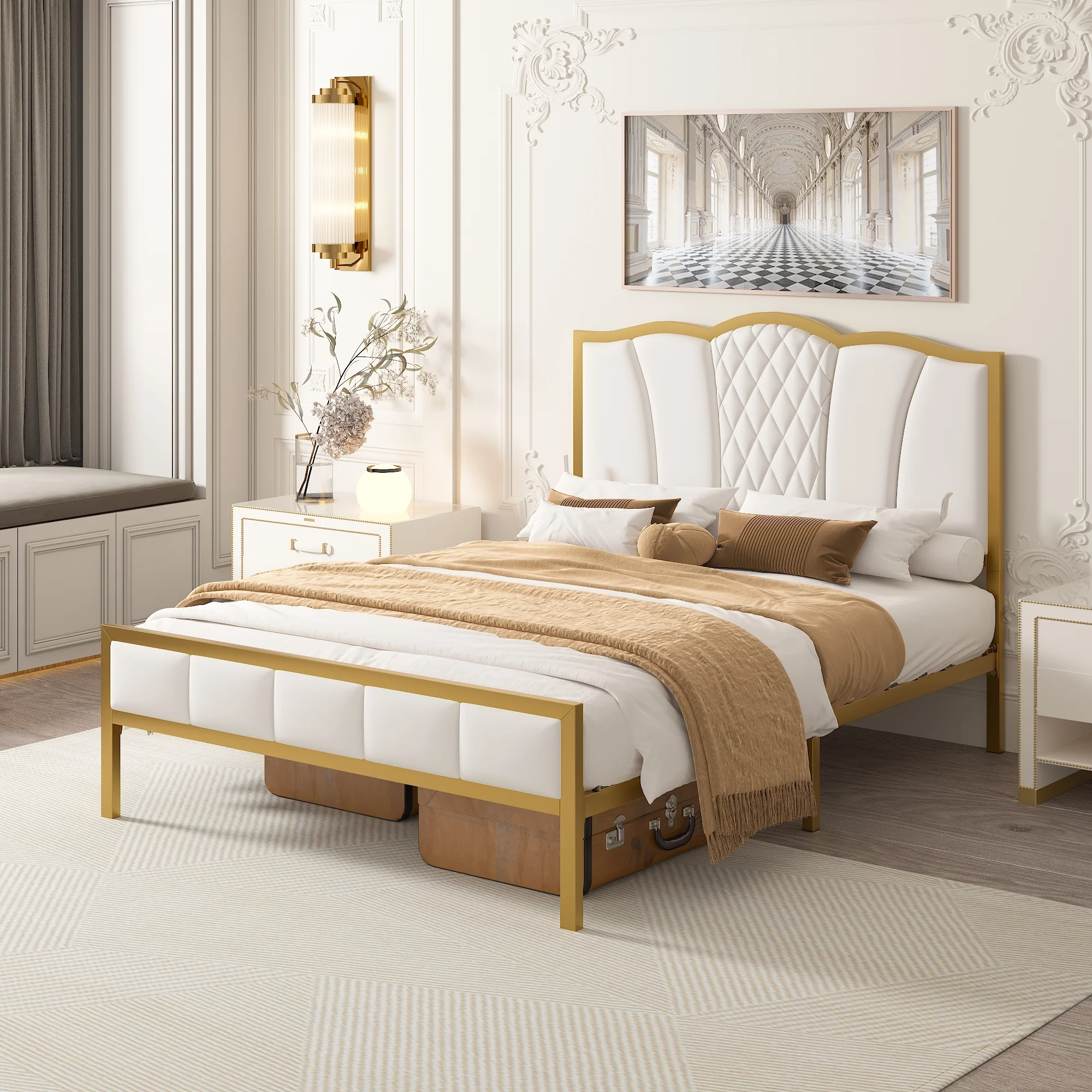 Modern Upholstered Full Size Bed Frame, Tufted Headboard, Golden Metal Platform, No Box Spring, Beige
