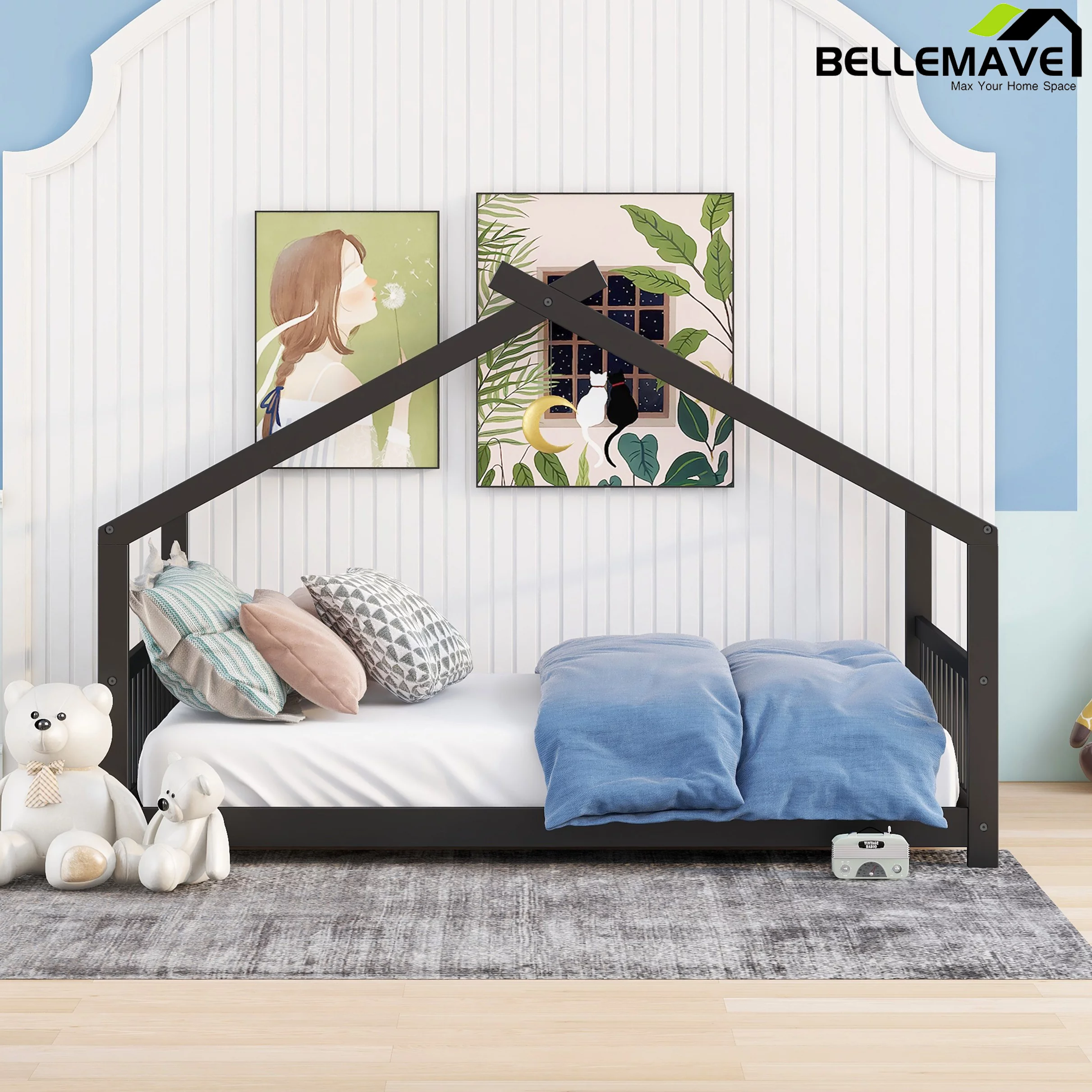 Bellemave Full Size House Bed for Kids,Wood Platform Bed with Headboard and Footboard,Toddlers House Floor Bed with Roof and Slat (Espresso,Full)