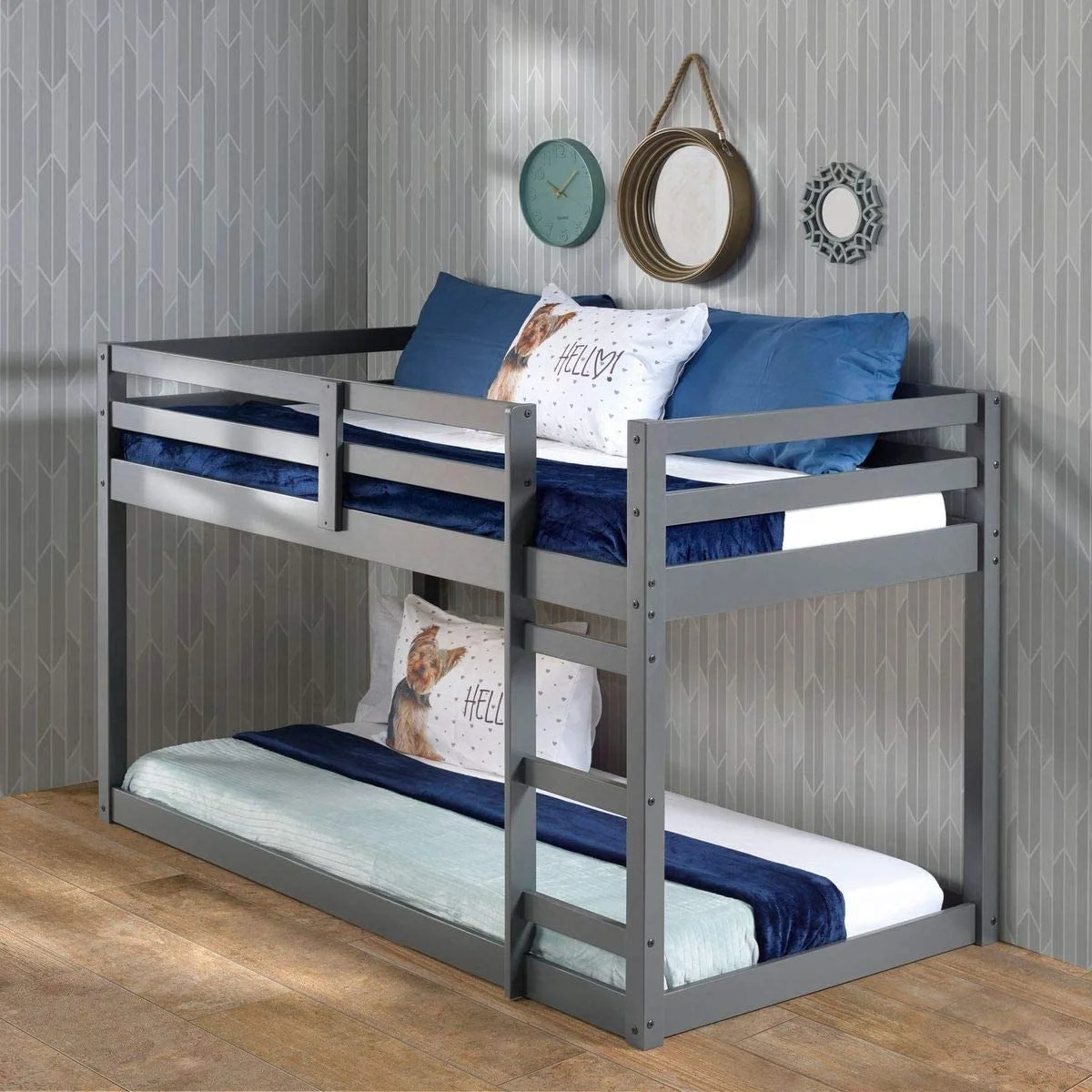Loft Bed, Wooden Low Loft Bed Convertible Low Bunk Bed For Kids, Gray