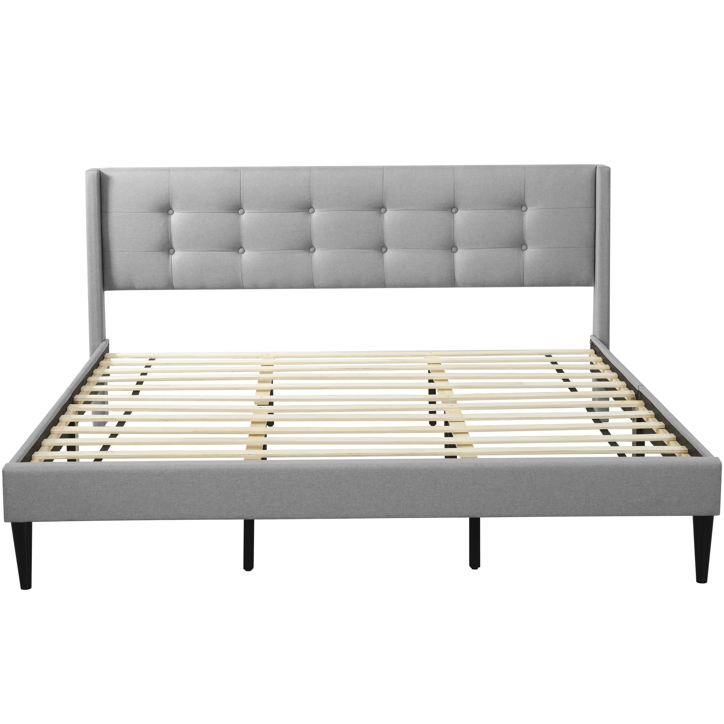 Larksperal King Size Bed Frame Platform with Fabric Upholstered Headboard and Wooden Slats Support, Grey