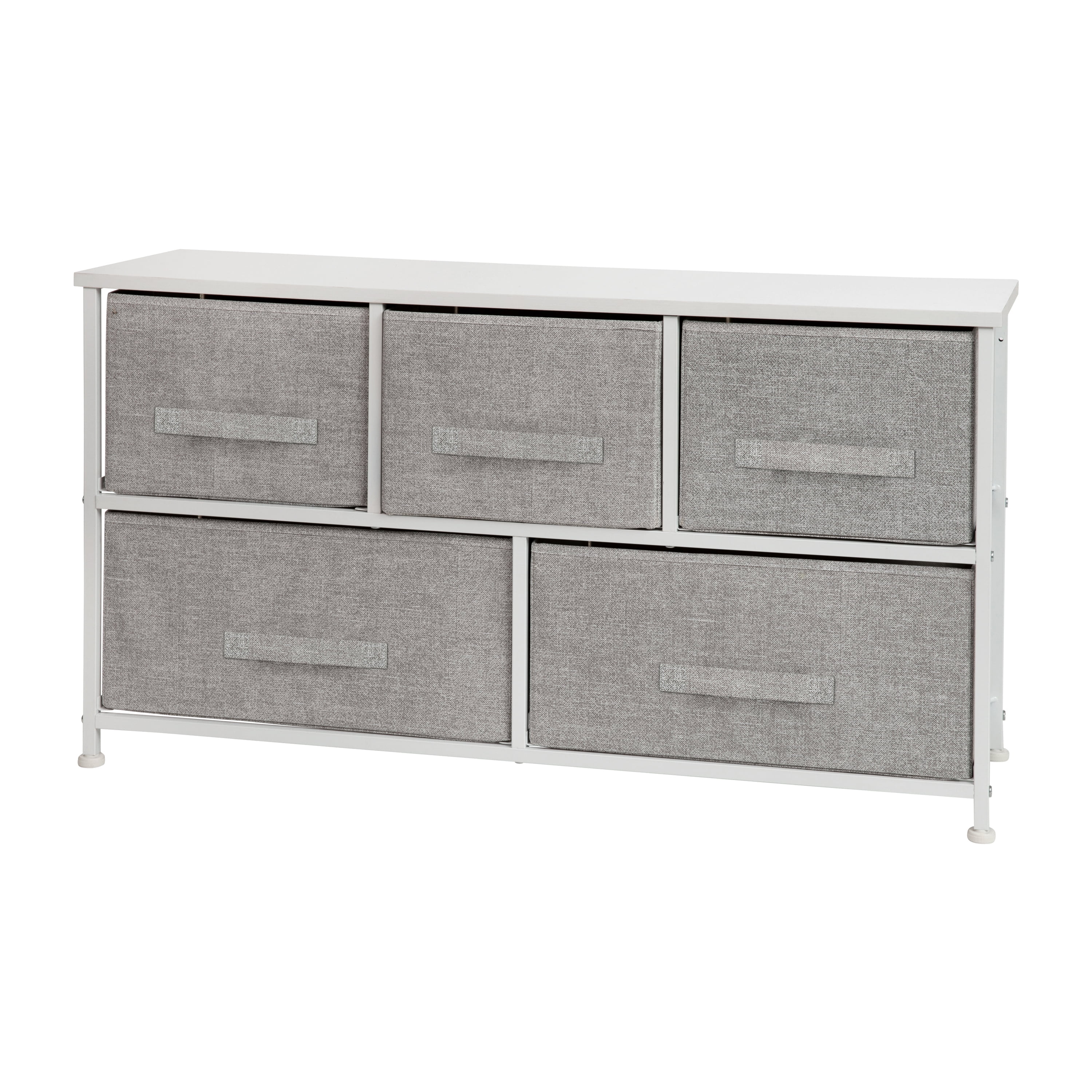 HBCY Creations Storage Dresser - Wood Top - White Metal Frame - Five Gray Easy Pull Fabric Drawers - Assembles in 10 Minutes or Less