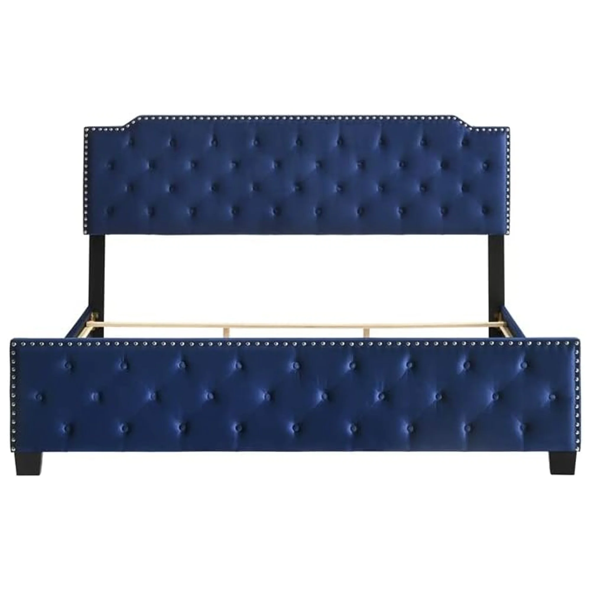 Agapi King Size Bed Button Tufted Nailhead Trim Blue Fabric Upholstery- Saltoro Sherpi