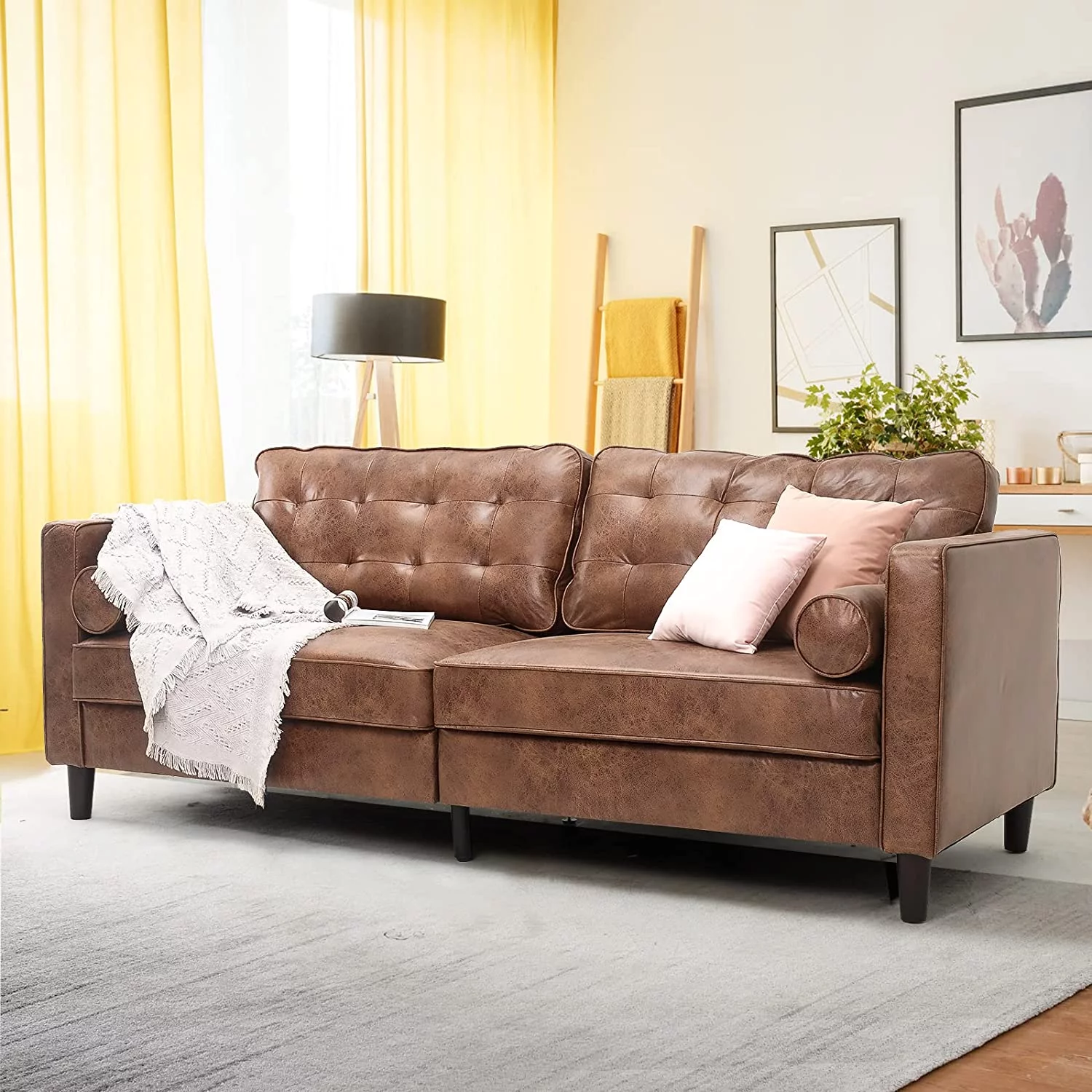 YODOLLA 84.2” Tufted Leather Sofa Couch Mid-Century Modern Couches for Living Room,Apartment,Office (Brown)