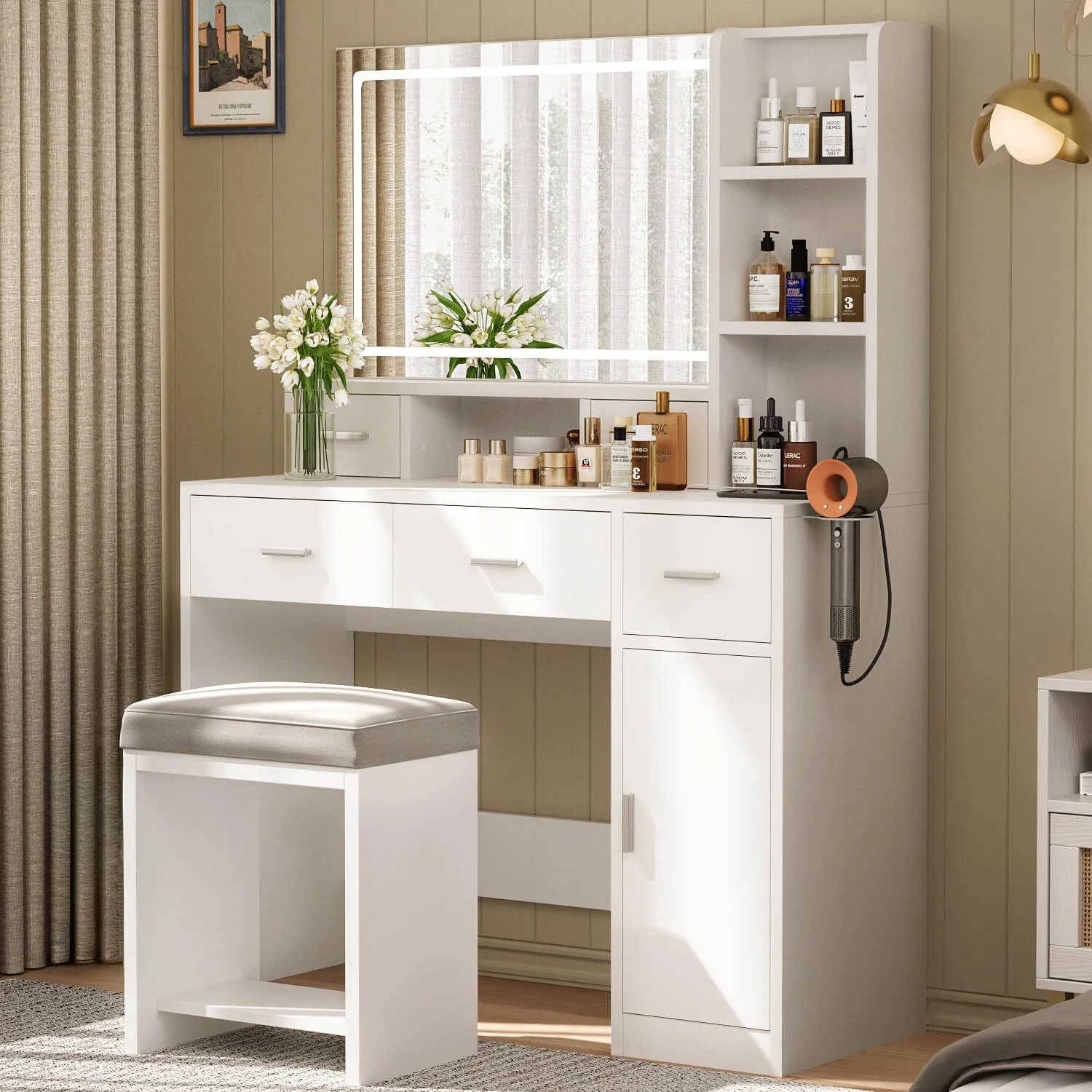 RUNFAYBIU Vanity Desk with Mirror and Lights   Table with 5 Drawers  White Dressing Table with Large Drawer  3 Color Lighting Modes & Adjustable Brightness for Bedroom