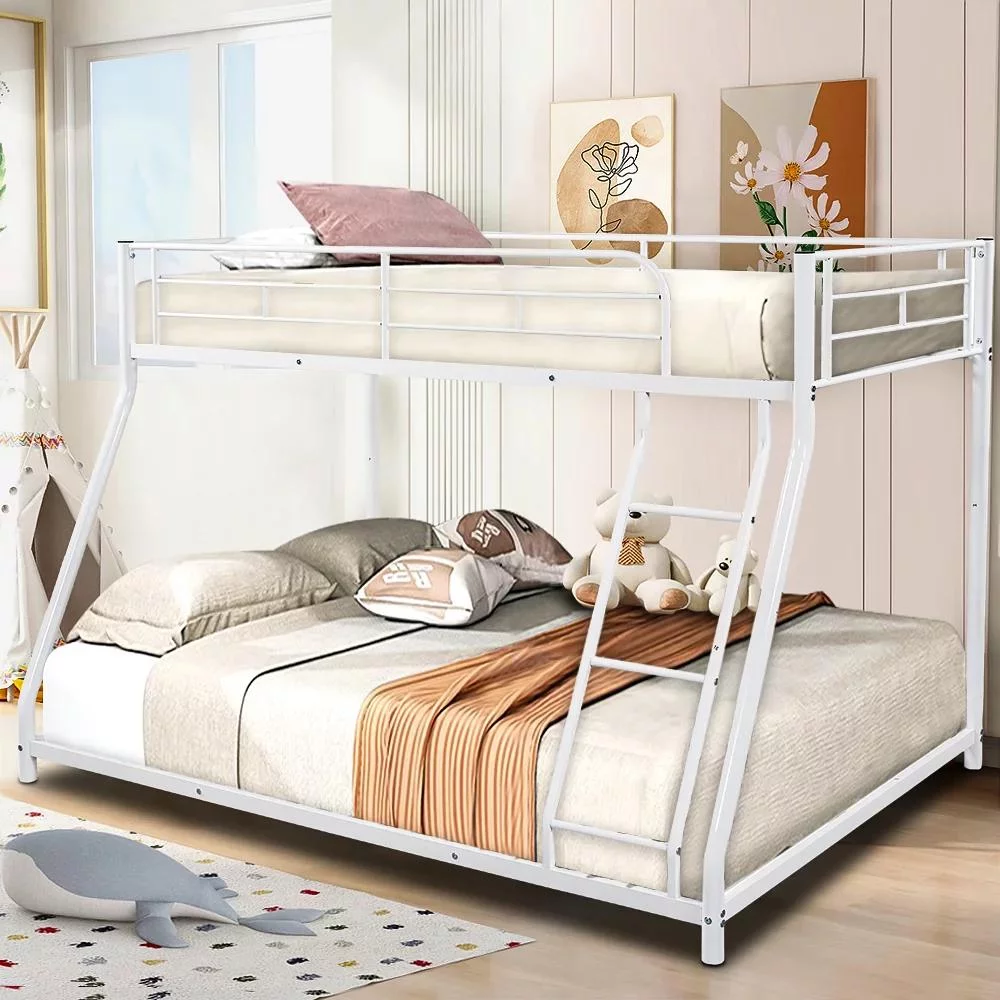 Gewnee Metal Twin over Full Bunk Bed with Ladder & Safety Guardrail for Kids Room,White