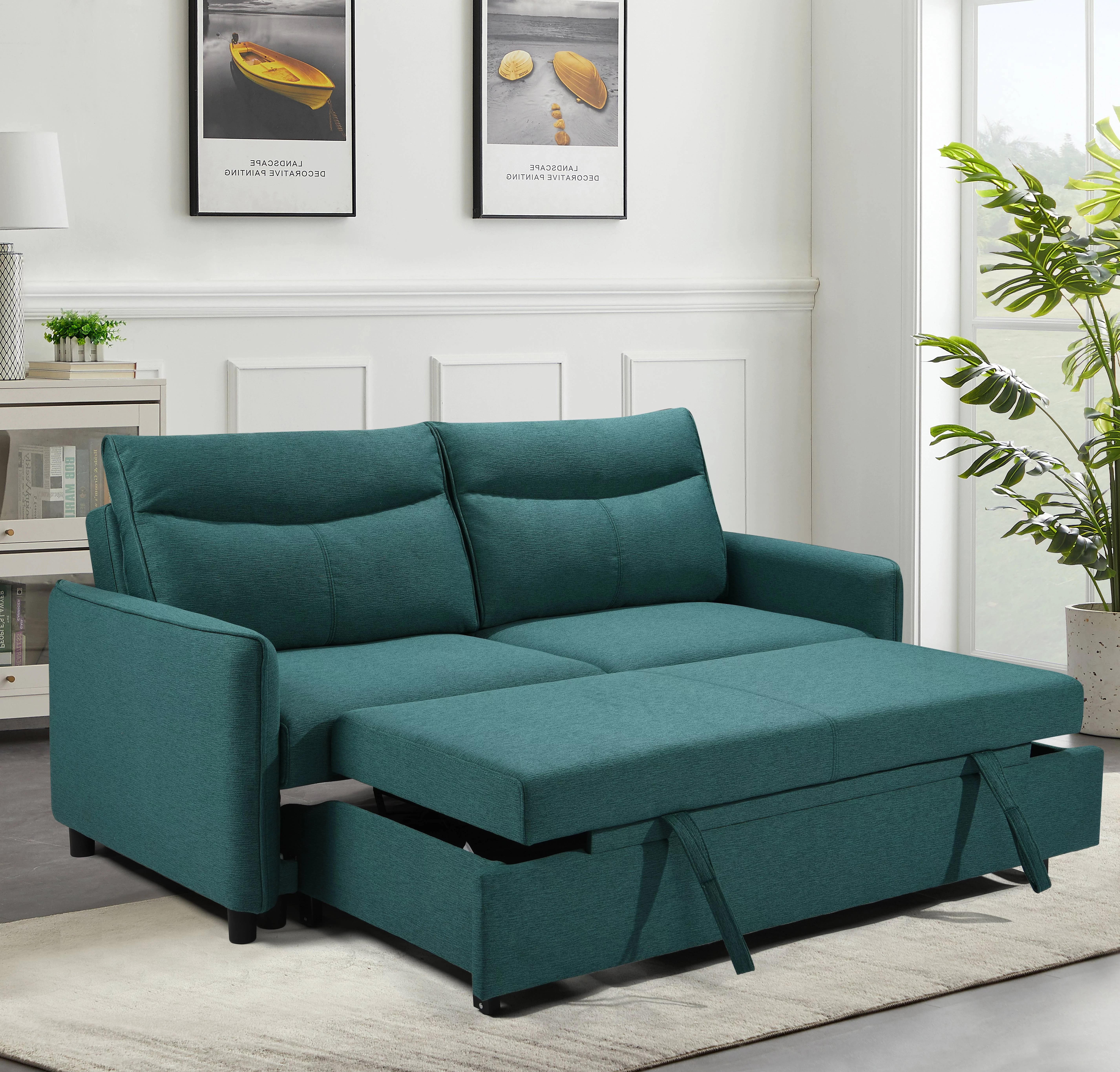 KUUFER 3 in 1 Convertible Sleeper Sofa Bed, Modern Fabric Loveseat Futon Sofa, Pullout Bed, Small Lounge Sofa with Reclining Backrest, Green