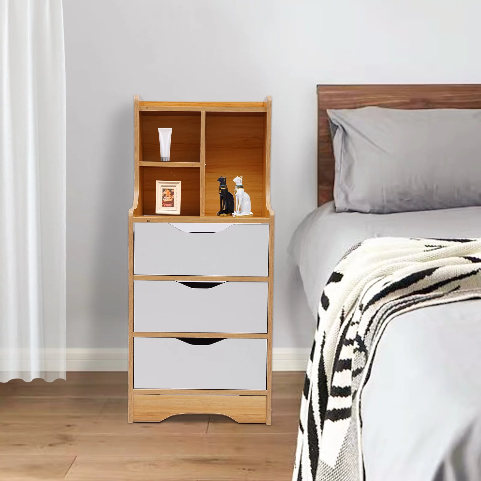 Loyalheartdy Nightstand 3 Drawers Open Storage Cabinet Tall Bedside Table Walnut MDF End Table Rectangular Side Stand