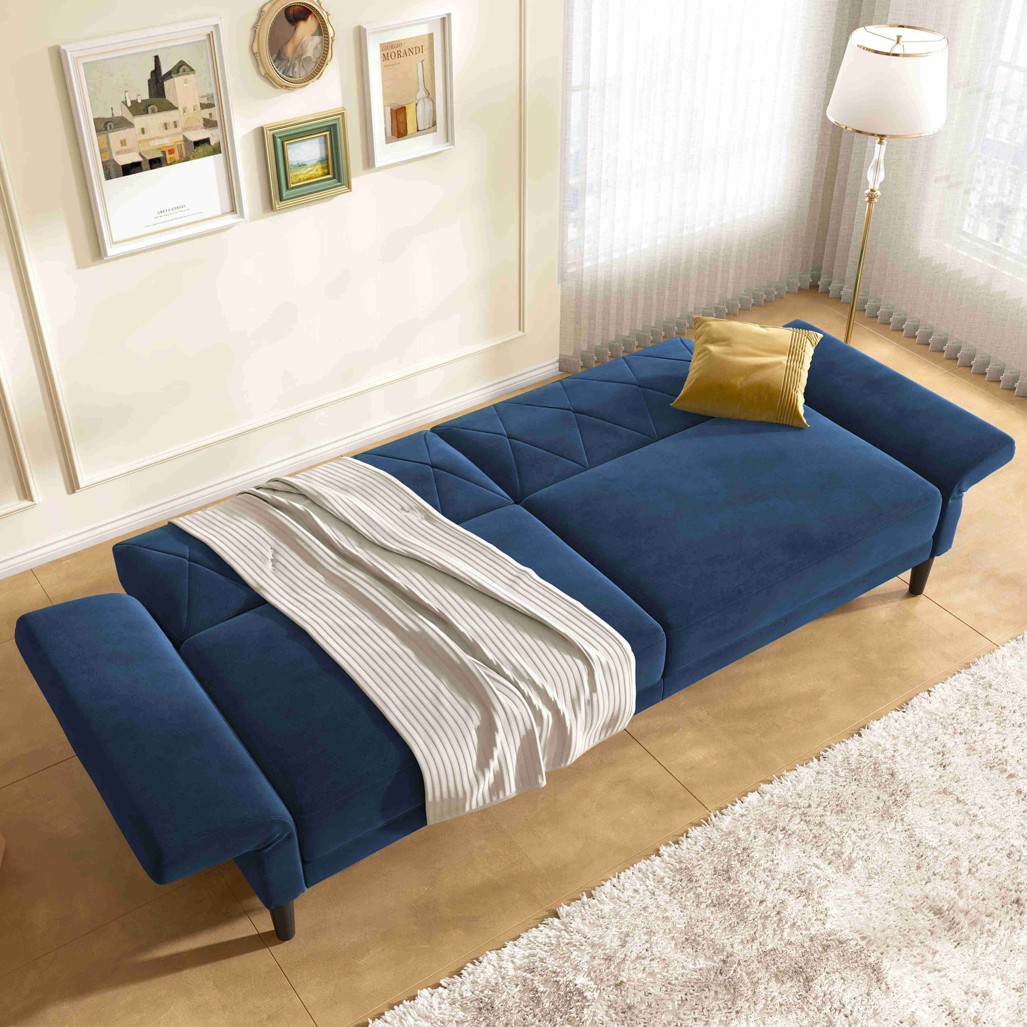 HONBAY Modern Elegant Velvet Convertible Loveseat Sleeper Sofa for living room, Blue