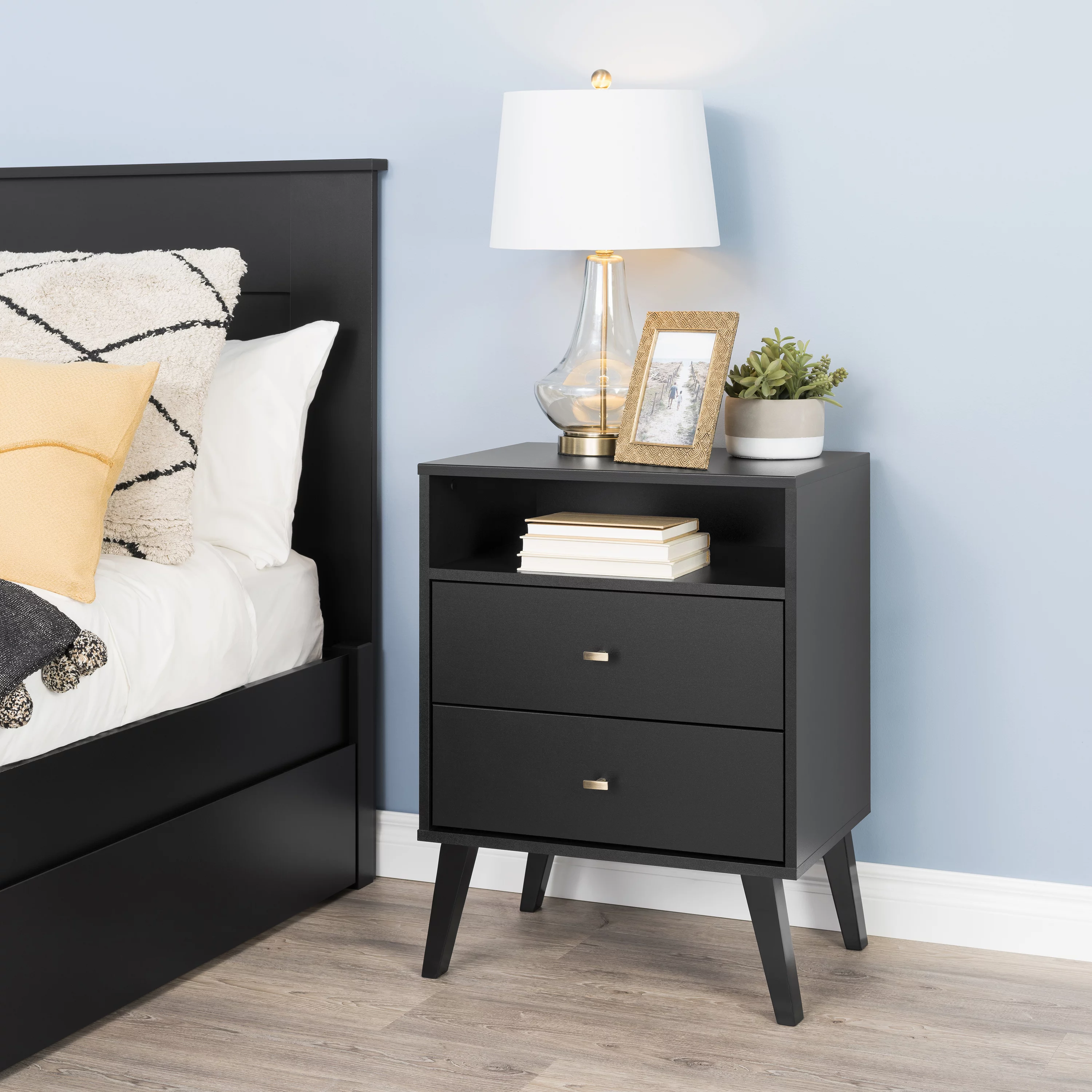 Prepac Milo Mid Century Modern Tall 2-Drawer Bedroom Nightstand, Black