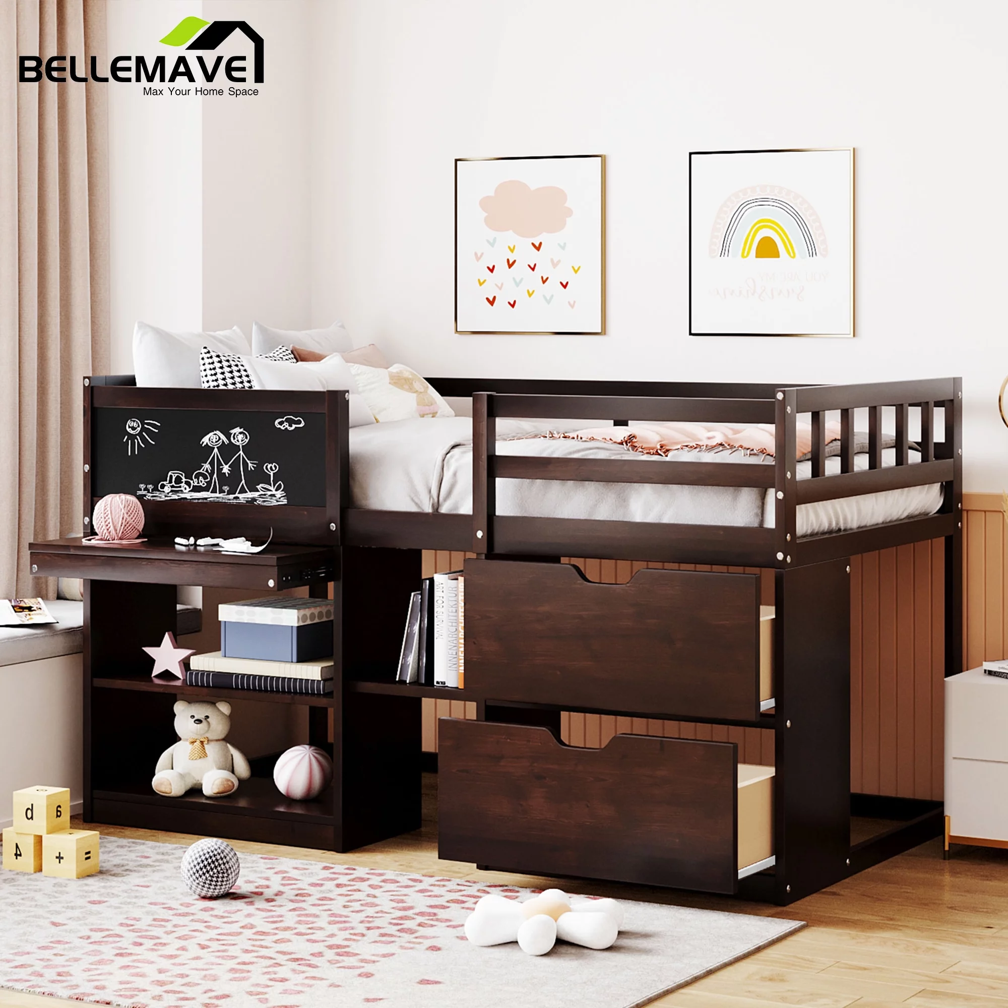 Low Loft Bed Twin Size with Rolling Desk, Storage Shelves and Chalkboard, Kids Loft Bed with Storage Drawer and Full-Length Guardrail, Twin Loft Bed for Kids, Girls, Boys,Espresso