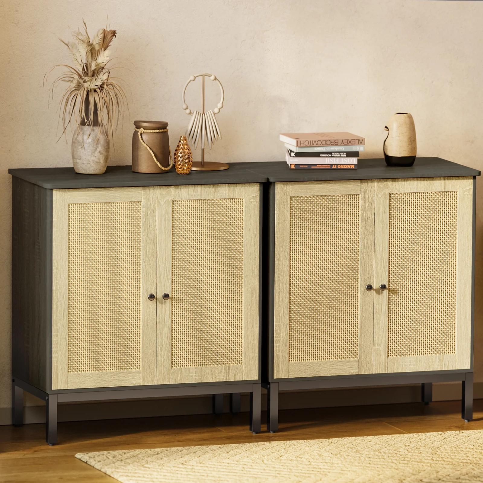 Buffet Storage Cabinet with Rattan Doors,Rattan Sideboard Set of 2, Kitchen Storage Cabinet,Black