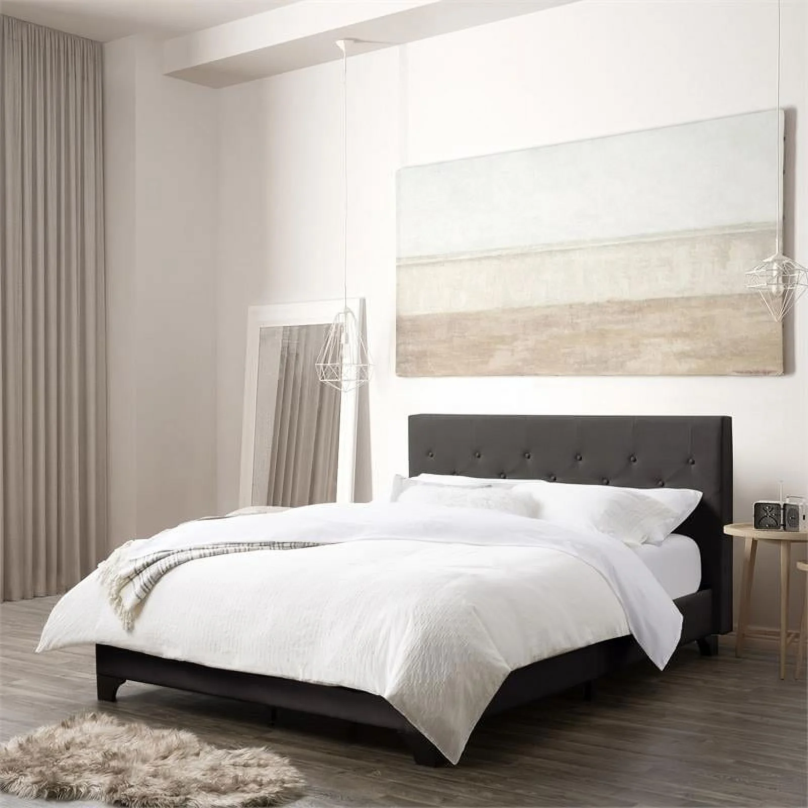 Atlin Designs Fabric Queen Bed w/ Diamond Button-Tufted Headboard in Dark Gray