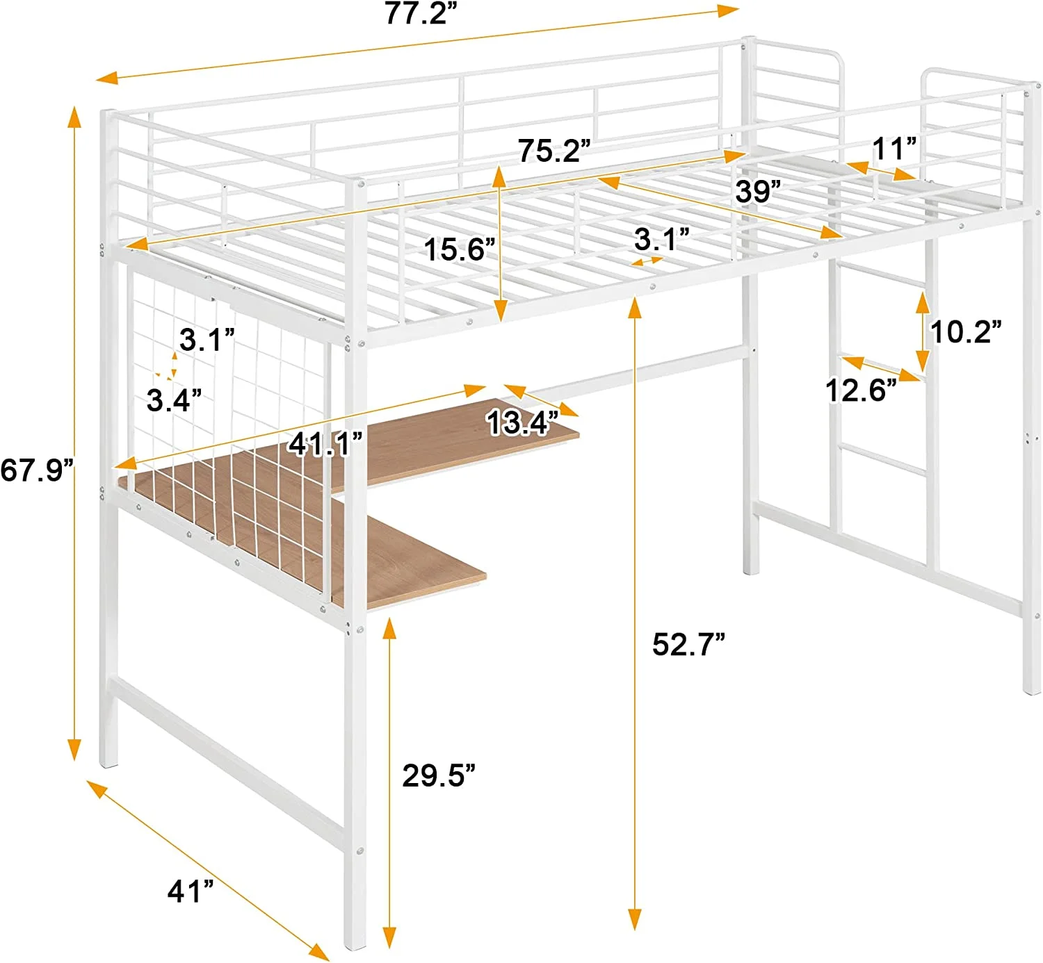 Size Metal Loft Bed With L-Shape Desk, Metal Grid And Full Length Guardrails, Space-Saving Loft Bed For Bedroom, White