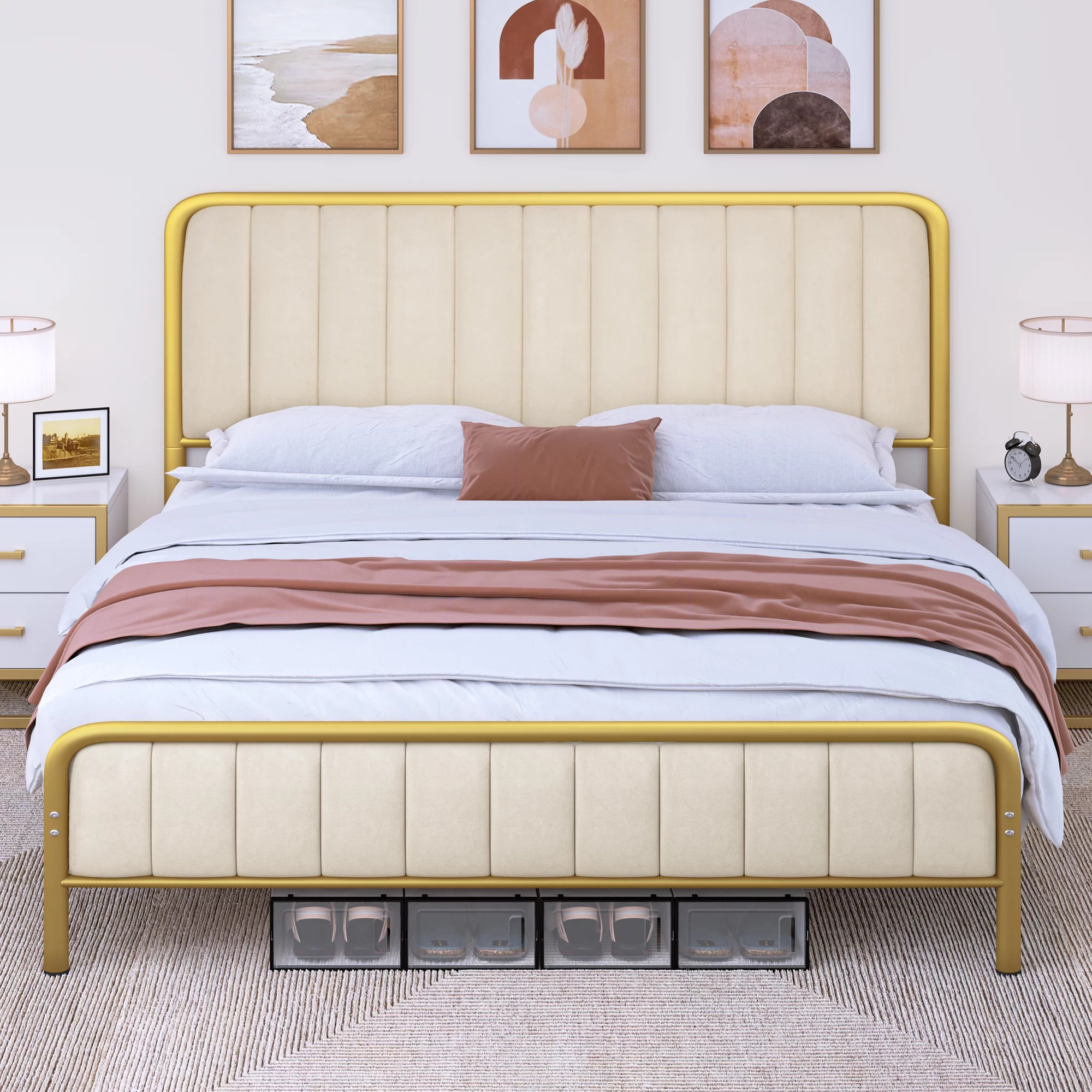 Dextrus Queen Size Bed Frame, Upholstered Bed Frame with Velvet Headboard, No Box Spring Needed, Golden & Beige