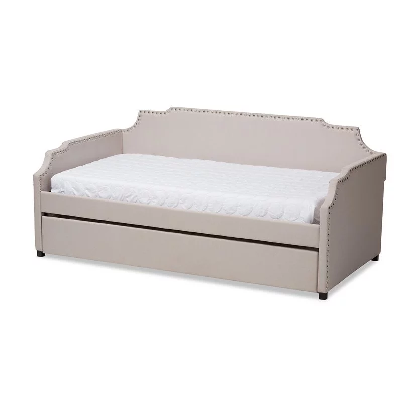 Bowery Hill Fabric Upholstered Twin Size Daybed with Trundle Bed in Beige