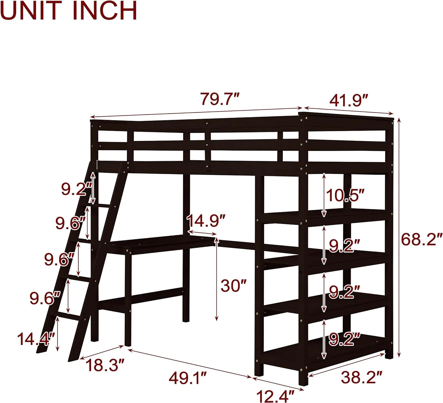 Size Loft Bed With Desk And Storage Shelves, Loft Bed With Ladder And Guard Rail, Wooden High Loft Bed Frame For Kids, Teens, Adults (, Espresso)