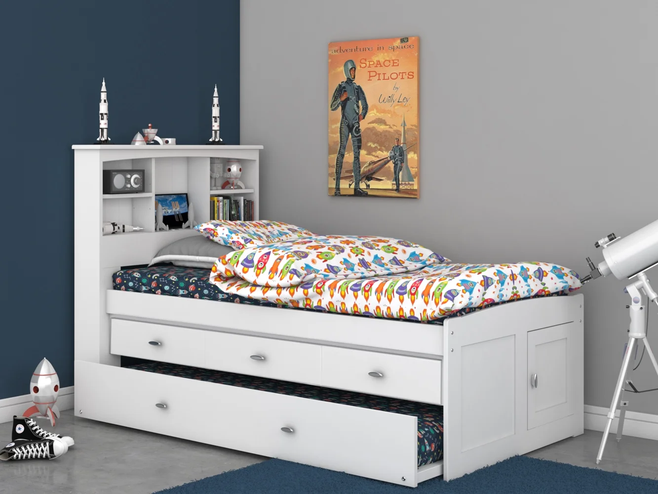 OS Home and Office Furniture Model 80220K3-22 Solid Pine Twin Captains Bookcase Bed with 3 spacious under bed drawers and a Twin Sized Trundle in Casual White