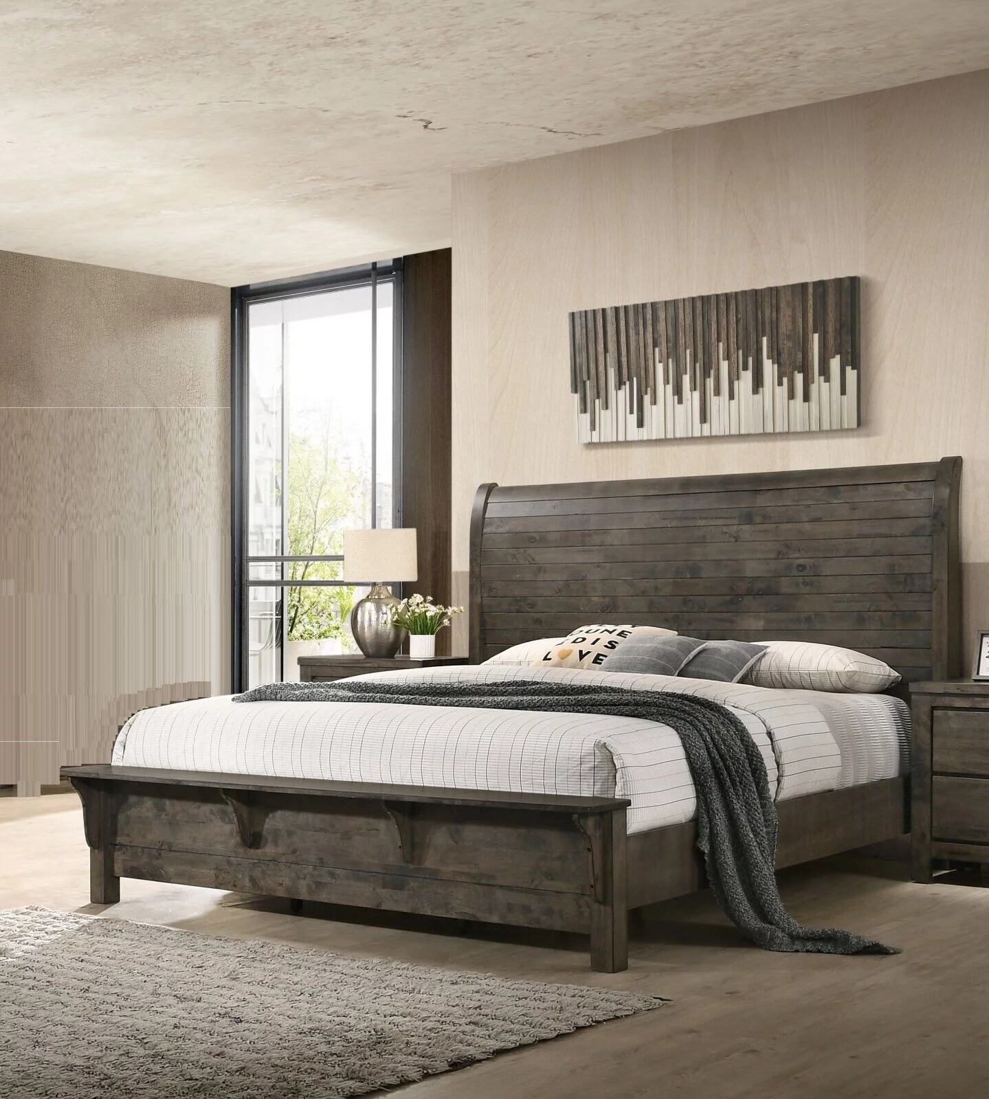 Contemporary Classic 1pc Queen Size Built-in Bench Bed Curve Headboard Rustic Gray Finish
