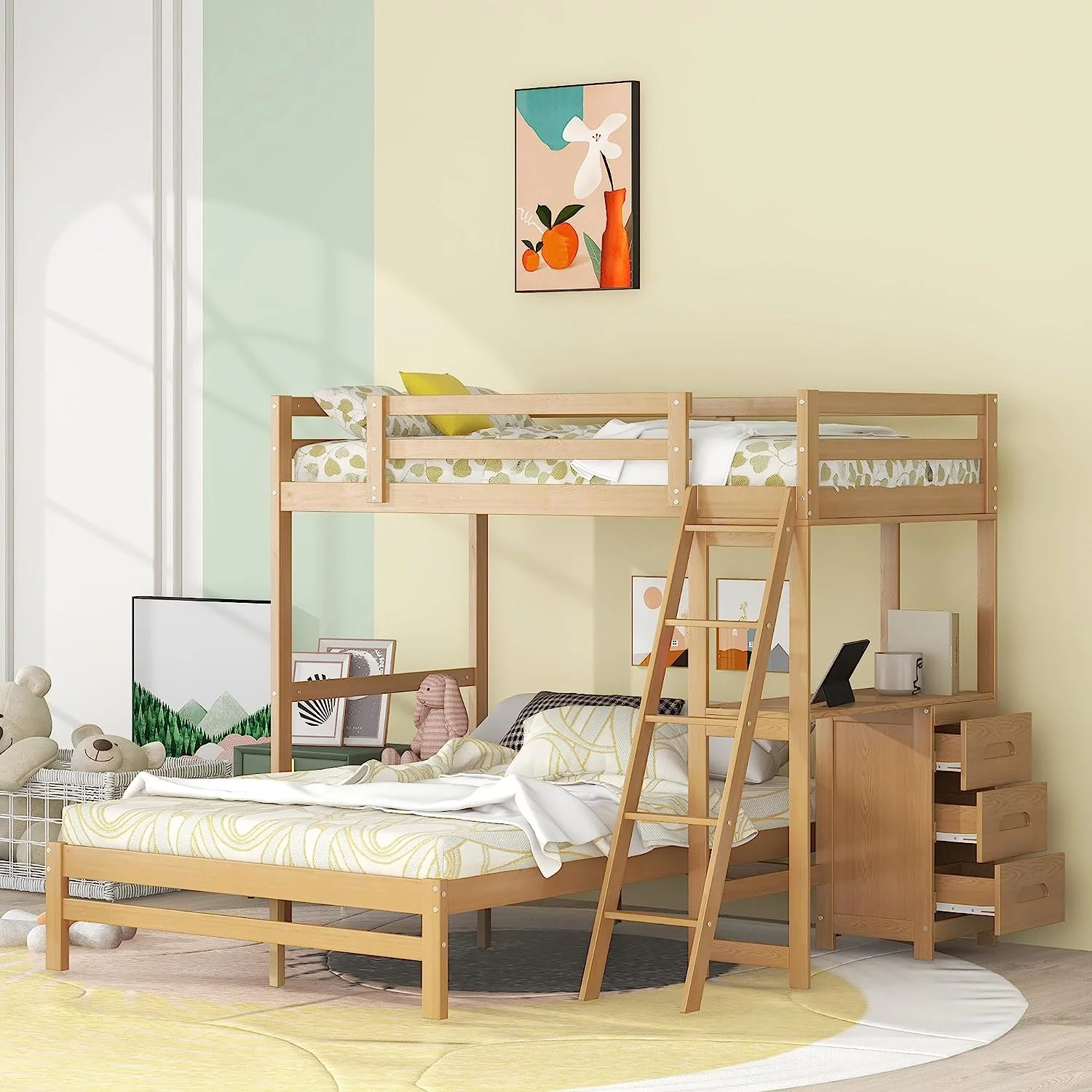 Momspeace Bunk Beds Twin Over Full Size with Built-in Desk and Three Drawers, Wooden Storage Bunk Beds with Removable Bottom Bed - Natural