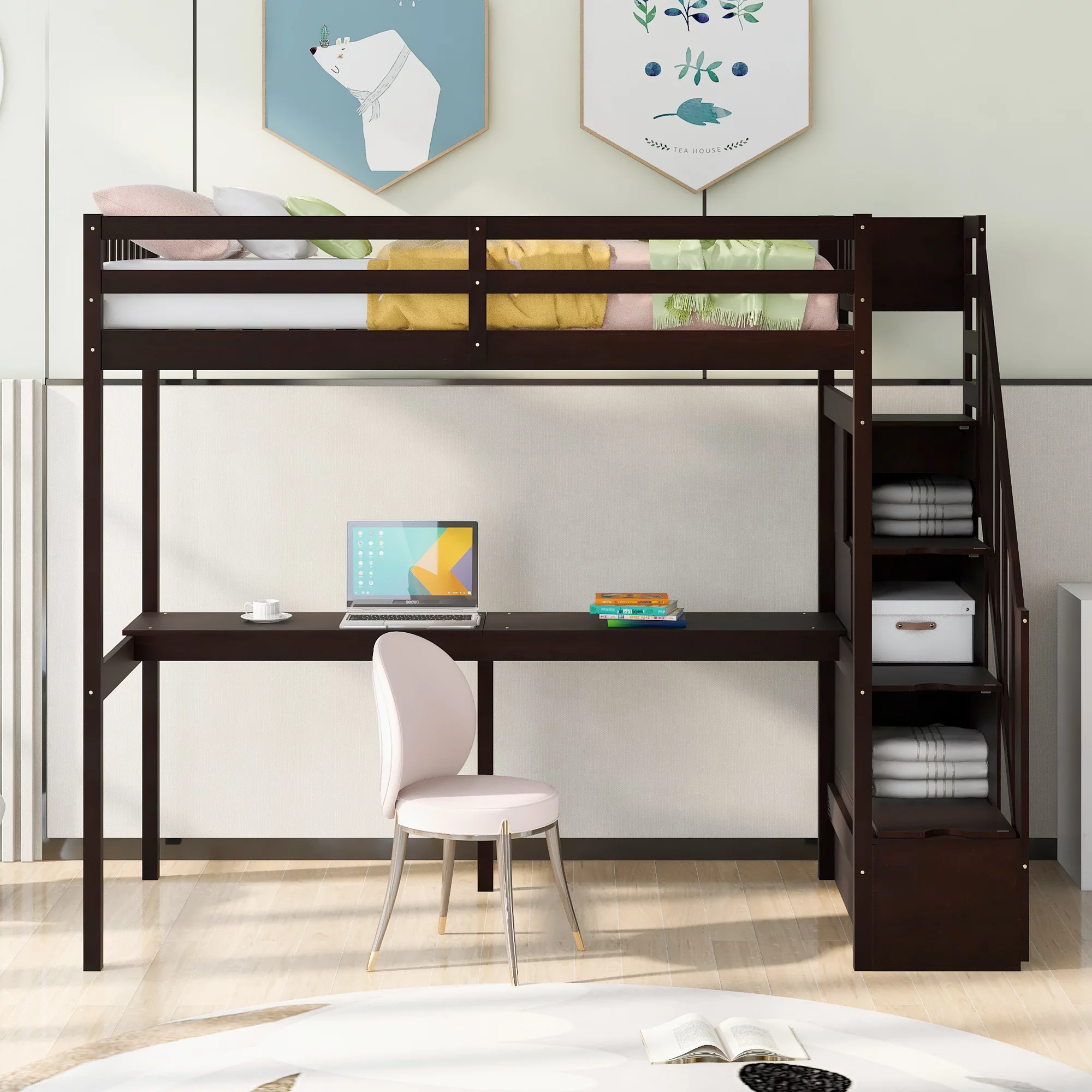 EUROCO Twin Size Loft Bed with Storage Staircase and Desk for Kids Bedroom, Espresso