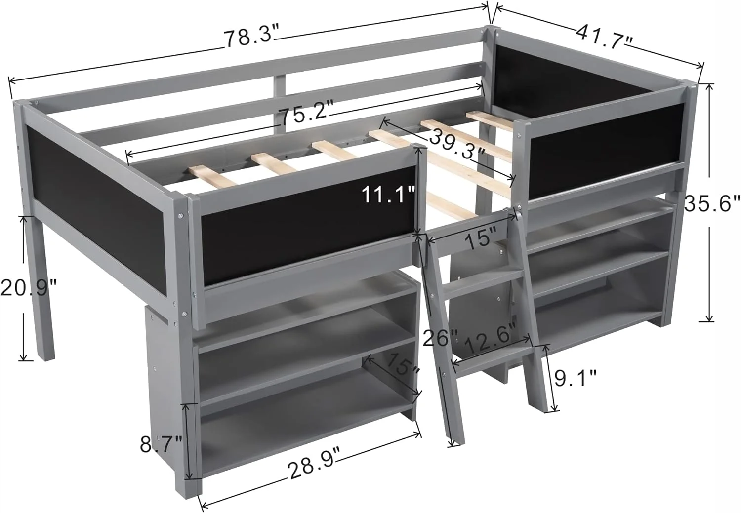Low Loft Bed With Two Movable Shelves Ad Ladder, Juior Loft Bed With Decorative Guardrail Chalkboard, Wood Kids Loft Bed For Girls Boys,Grey