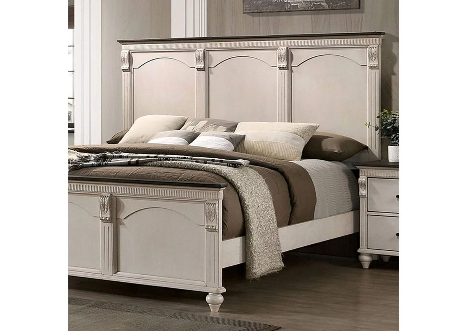 Cal King Size Bed 1pc Antique White Walnut Fluted Panels Headboard Footboard Bedroom Furniture Two Tone Solid wood Contemporary
