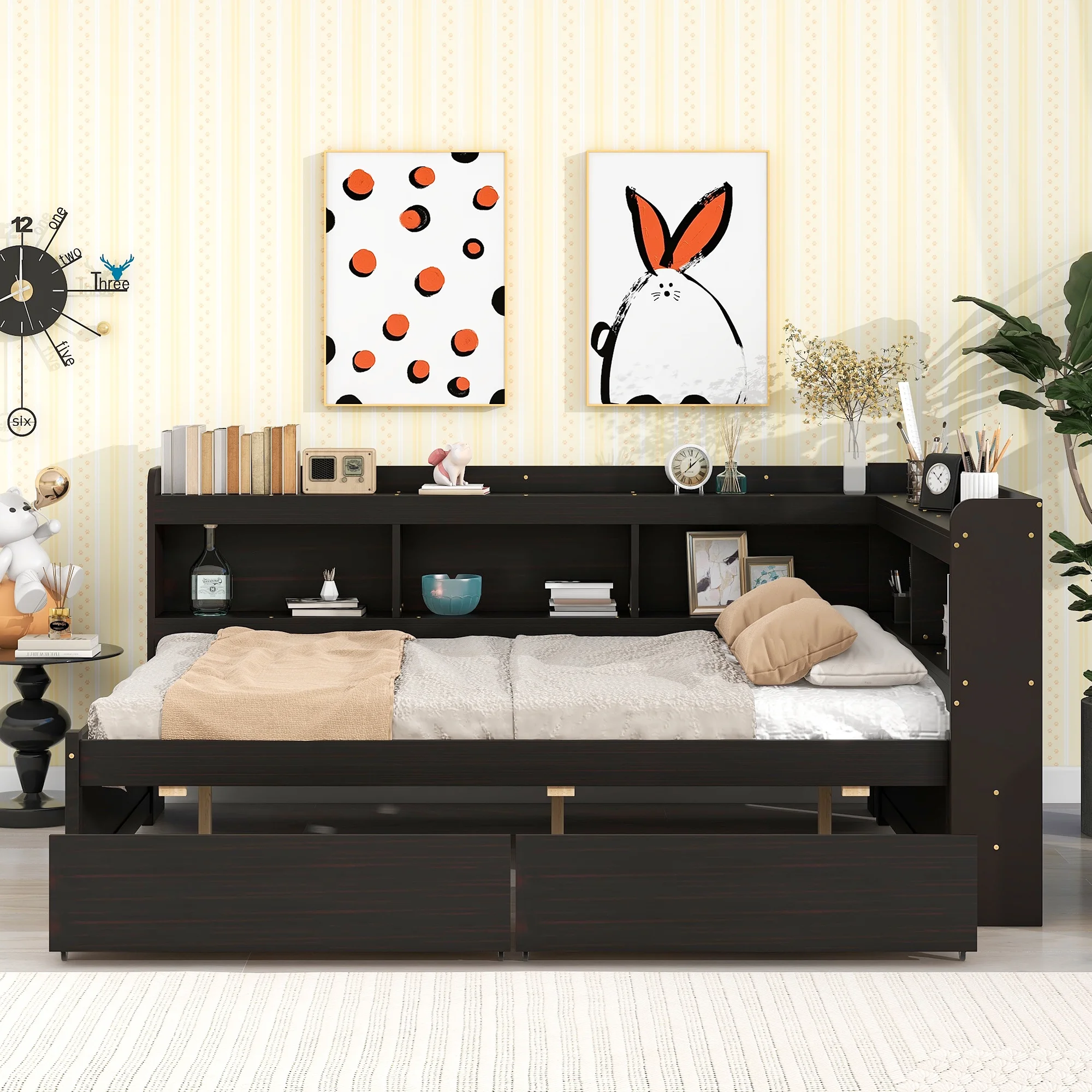 Glavbiku Full Size Wood Platform Bed Frame with L-shaped Bookcases,Storage Drawer Bed,Espresso