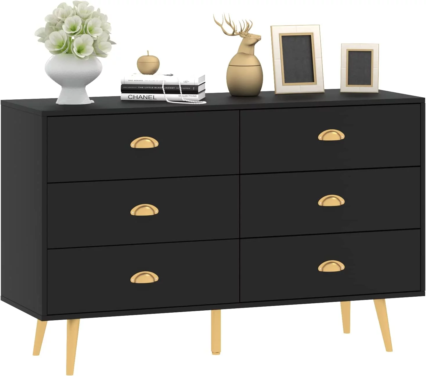 Black Dresser 6 Drawer Dresser for Bedroom with Wide Drawers and Metal Handles Storage Chest of Drawers for Living Room Hallway Entryway