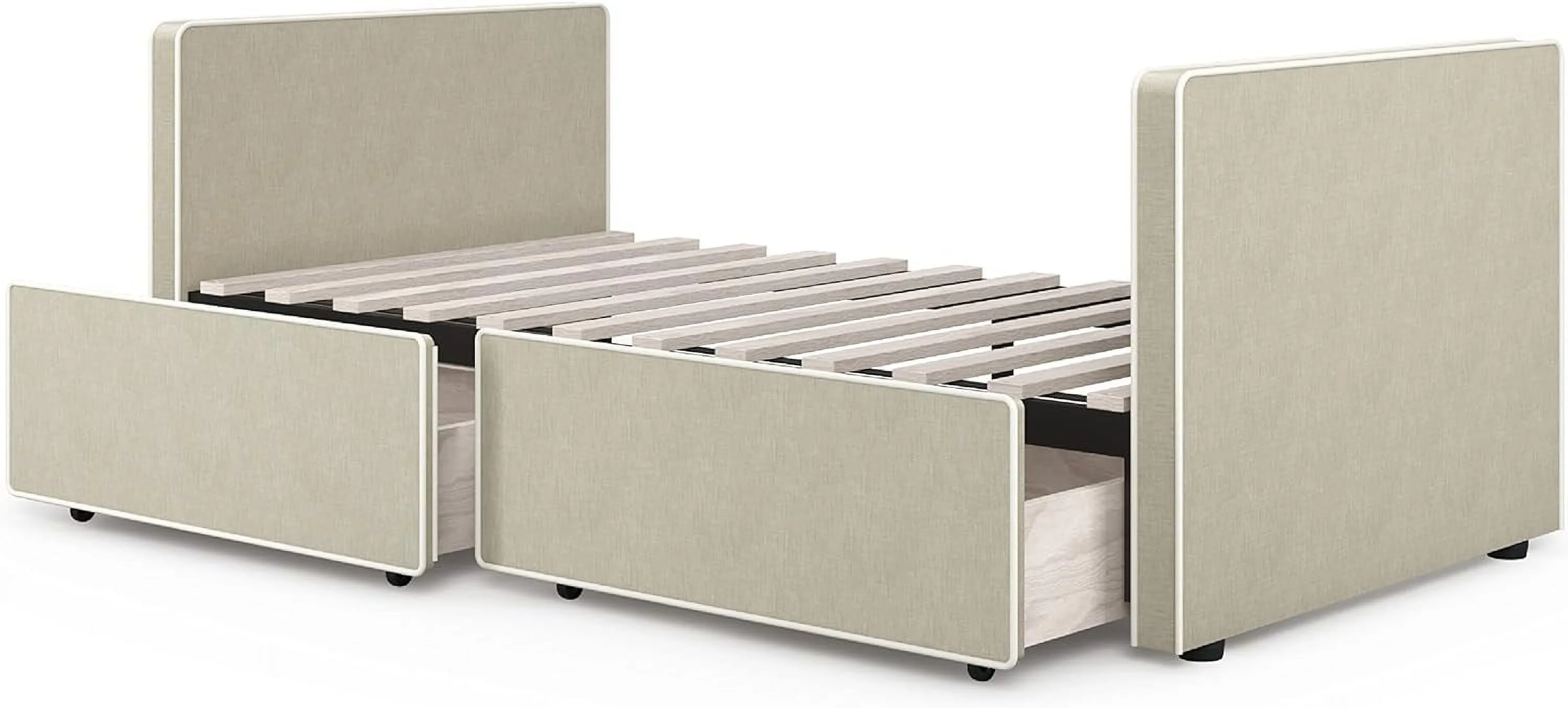 Size Platform Bed Frame With 2 Storage Drawers Underneath - Contrast Vegan Leather Piping - Upholstered In Beige Fabric - Ideal As Sofa Bed Or Daybed, Box Spring Not Required