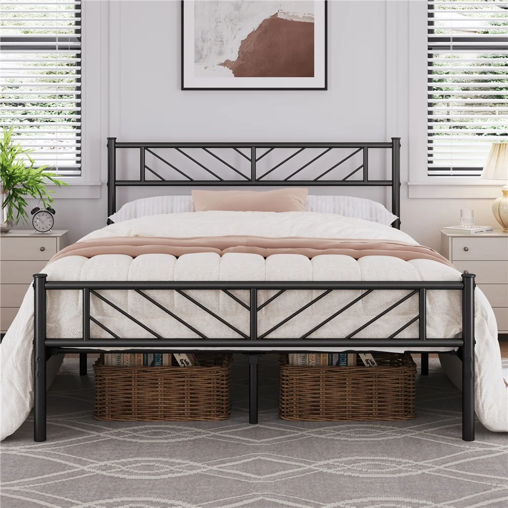Yaheetech Metal Platform Queen Bed with Arrow Design Headboard and Footboard,Black