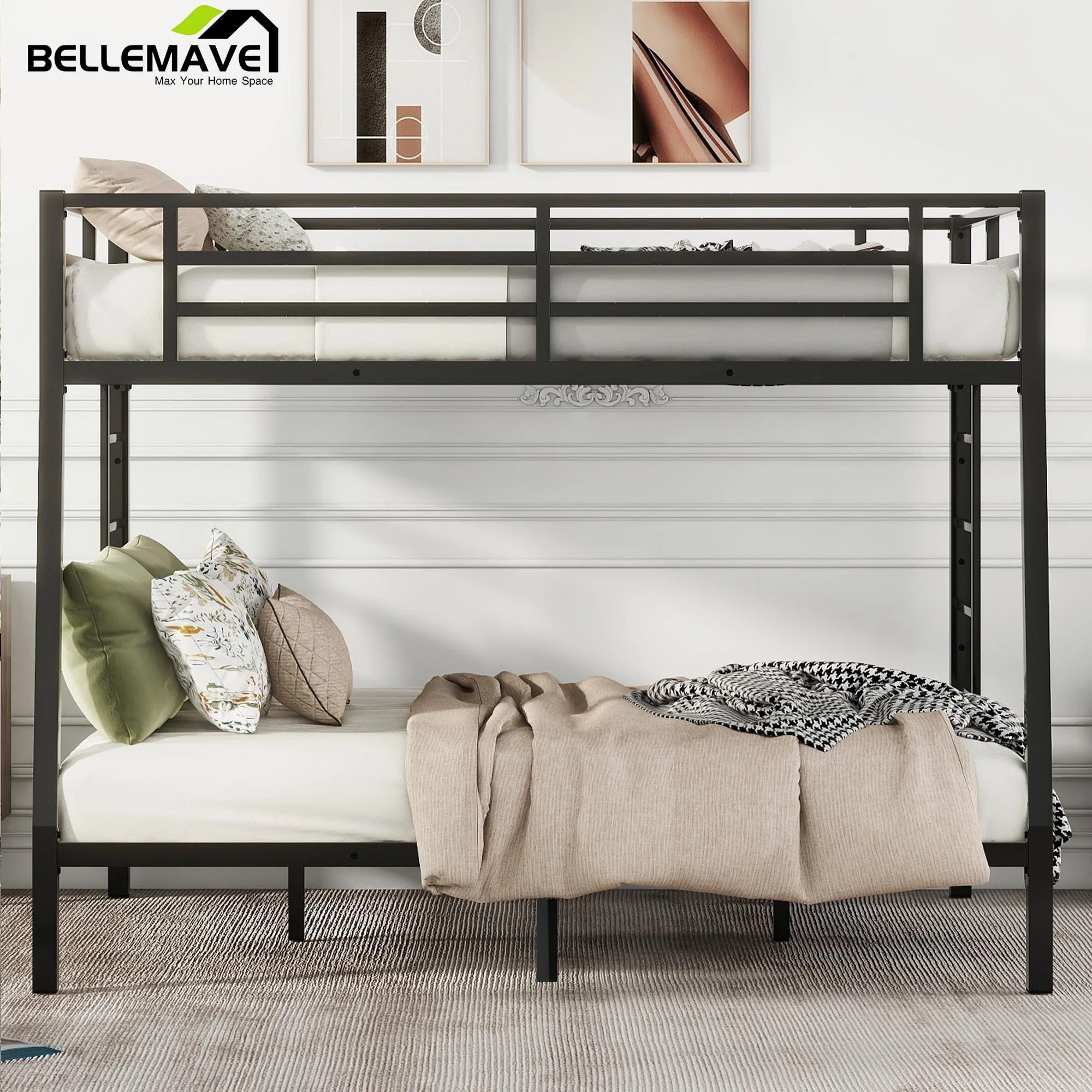 Bellemave Metal Bunk Beds Full XL over Queen Bunk Bed for Adults, Teens, Kids Heavy Duty Bunk Bed Frame with 2 Ladder and Full-Length Guardrails, No Box Spring Needed, Black