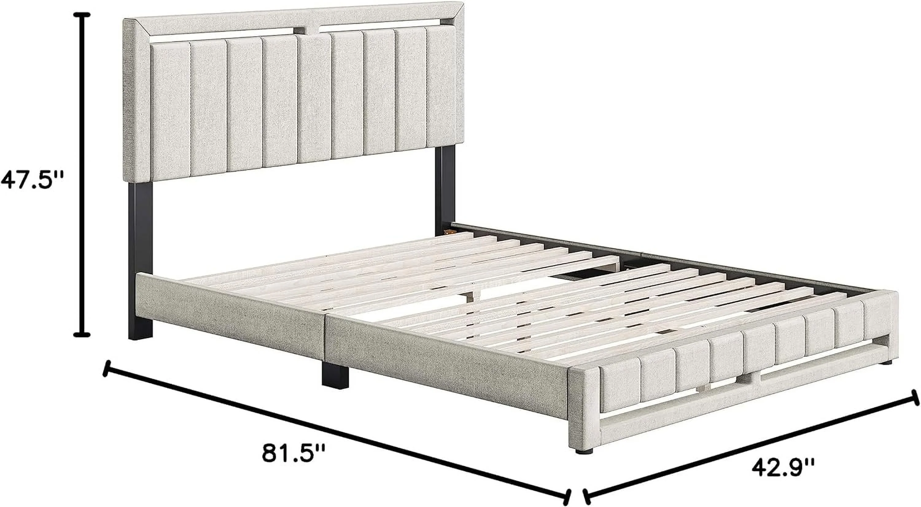 Beaumont Upholstered Platform Bed With Headboard, Mattress Foundation With Strong 14 Wood Slat Supports, No Box Spring Required, White Linen, Size