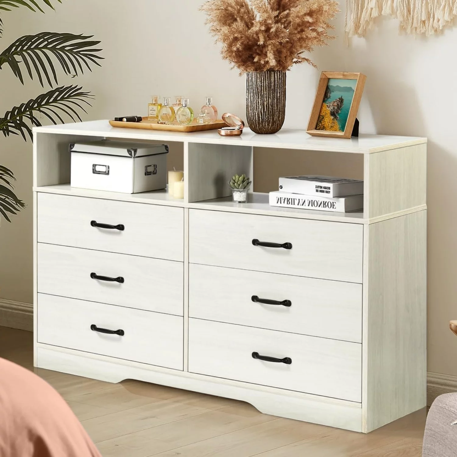Catrimown 6 Drawer Dresser for Bedroom, White Double Dresser with Shelf, Wood Storage Side Cabinet for Living Room Bedroom, White