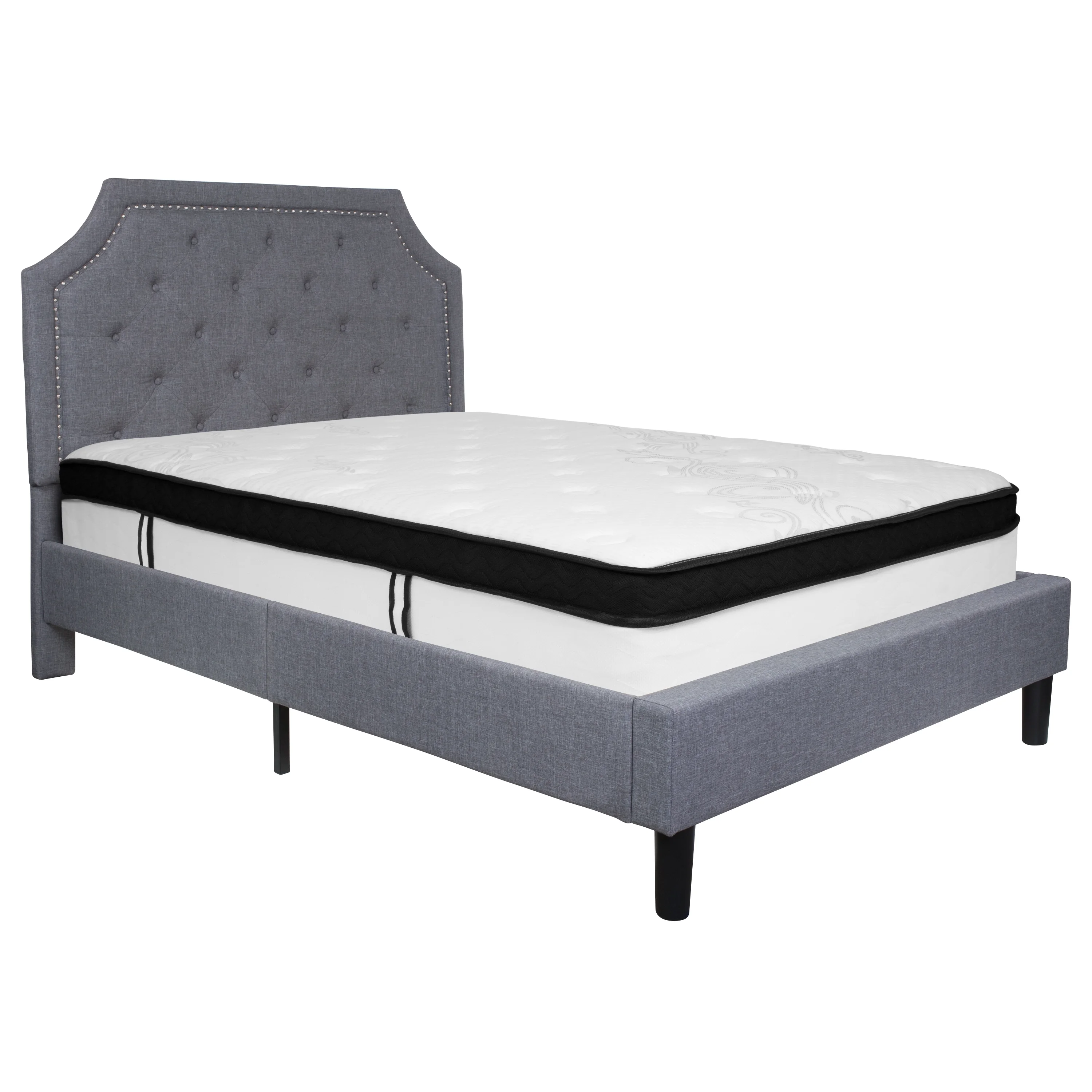 Emma + Oliver Full Arched Tufted Platform Bed/Mattress in Light Gray Fabric