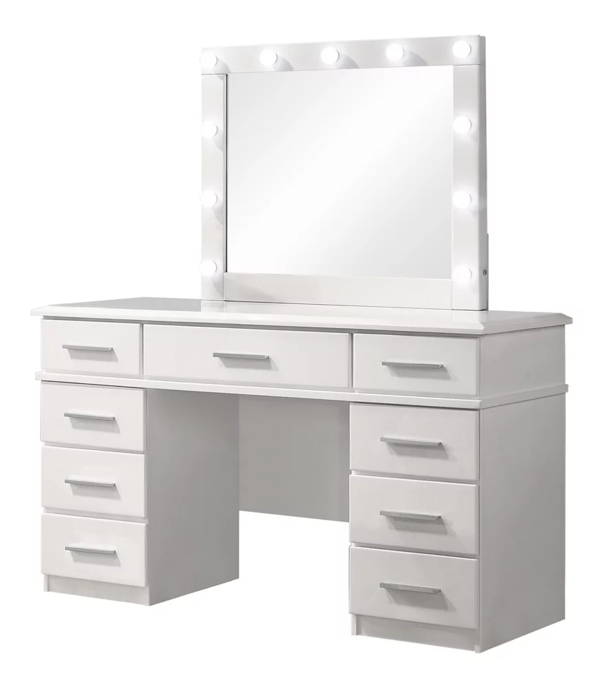 Coaster Furniture Felicity 9-drawer Glossy White, Vanity Desk with Lighted Mirror