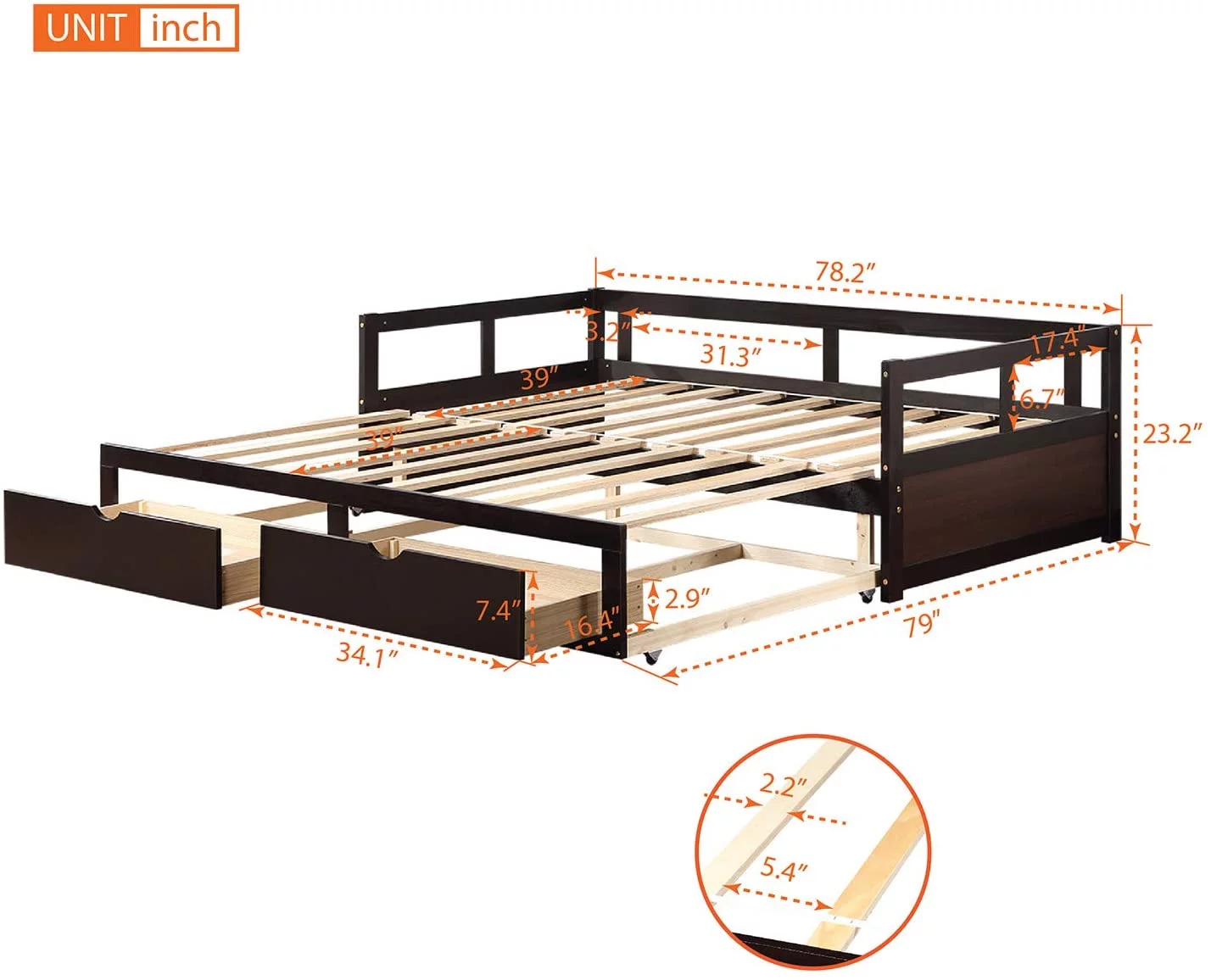 Extendable Daybed With Trundle Bed, Wood Daybed With Pull Out Trundle And 2 Storage Drawers, To King Design Extending Bed Frame For Kids Girls Boys Teens Adults, Espresso