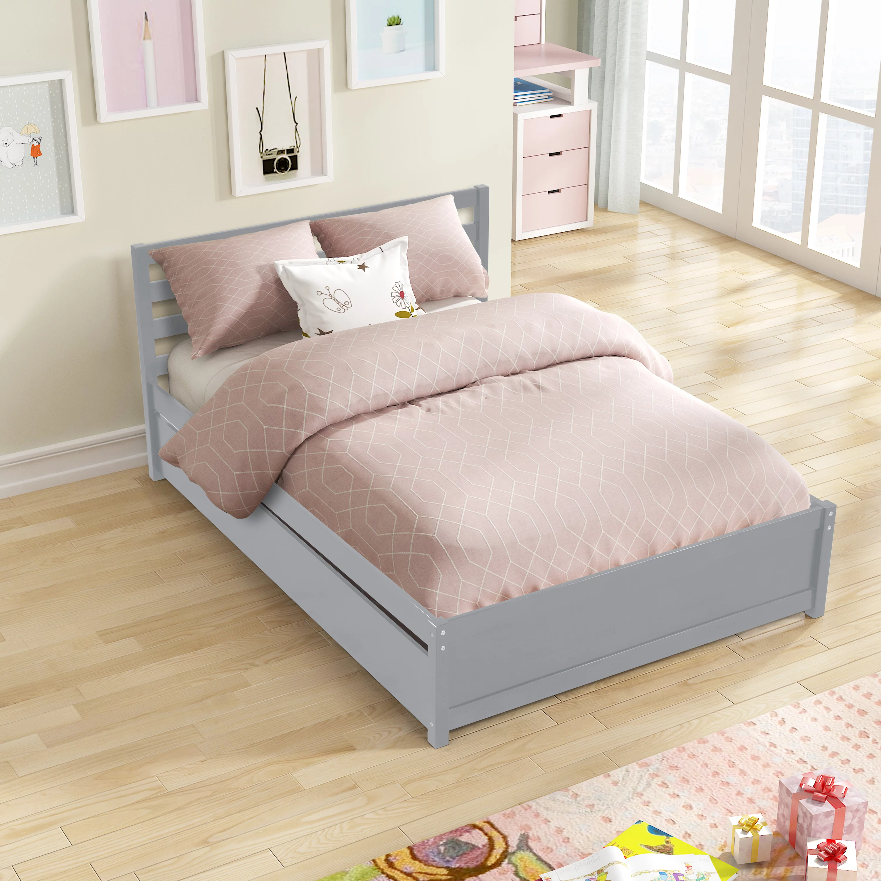 CoSoTower Full Size Wood Platform Bed Frame With Headboard And Twin Trundle