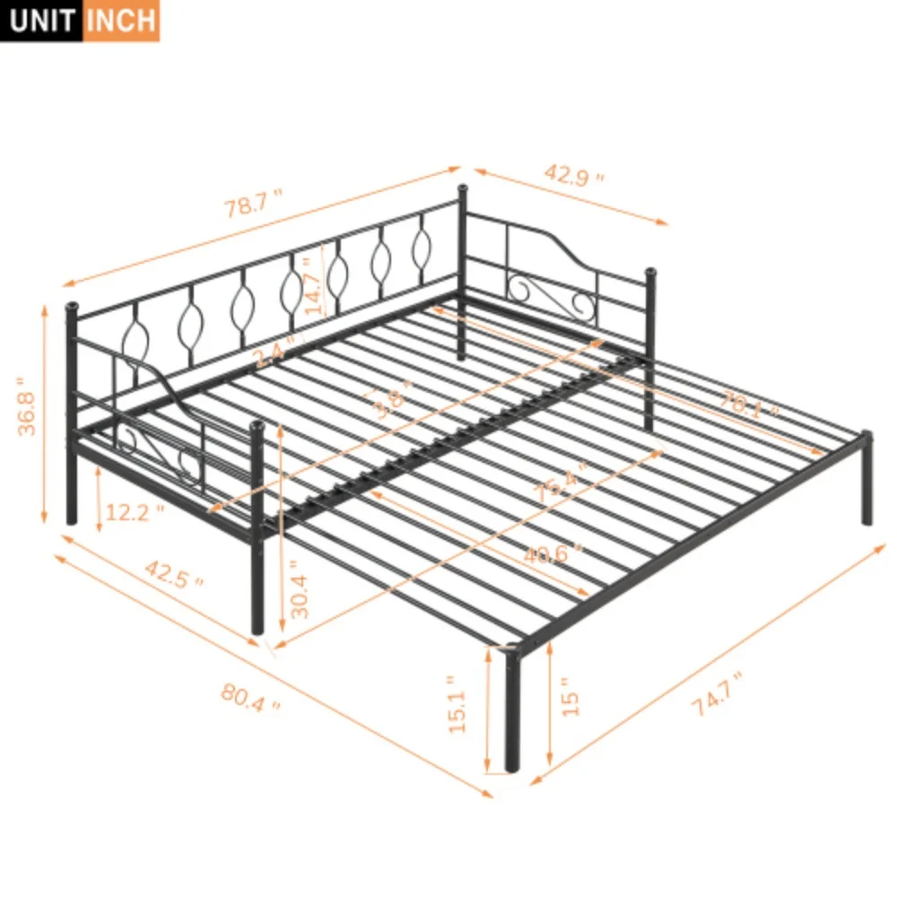 Twin Size Metal Daybed with Trundle, Daybed with Slat No Box required Black Black + Iron