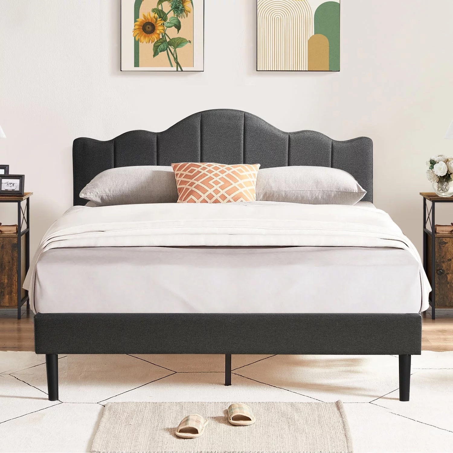 Modern Upholstered Bed Frame with Height Adjustable Headboard(Dark Grey,Blue,Beige ) Beige Full