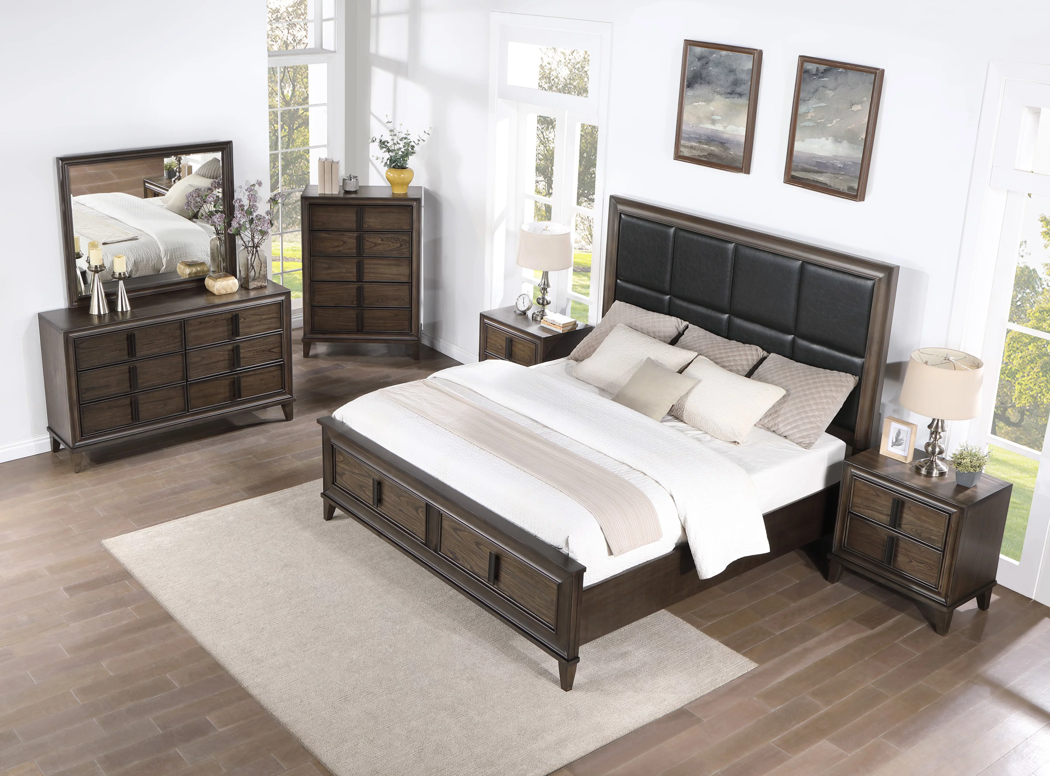 Roundhill Aetheria Contemporary Wood 6-Piece Upholstered Storage Bedroom Set in Dark Brown