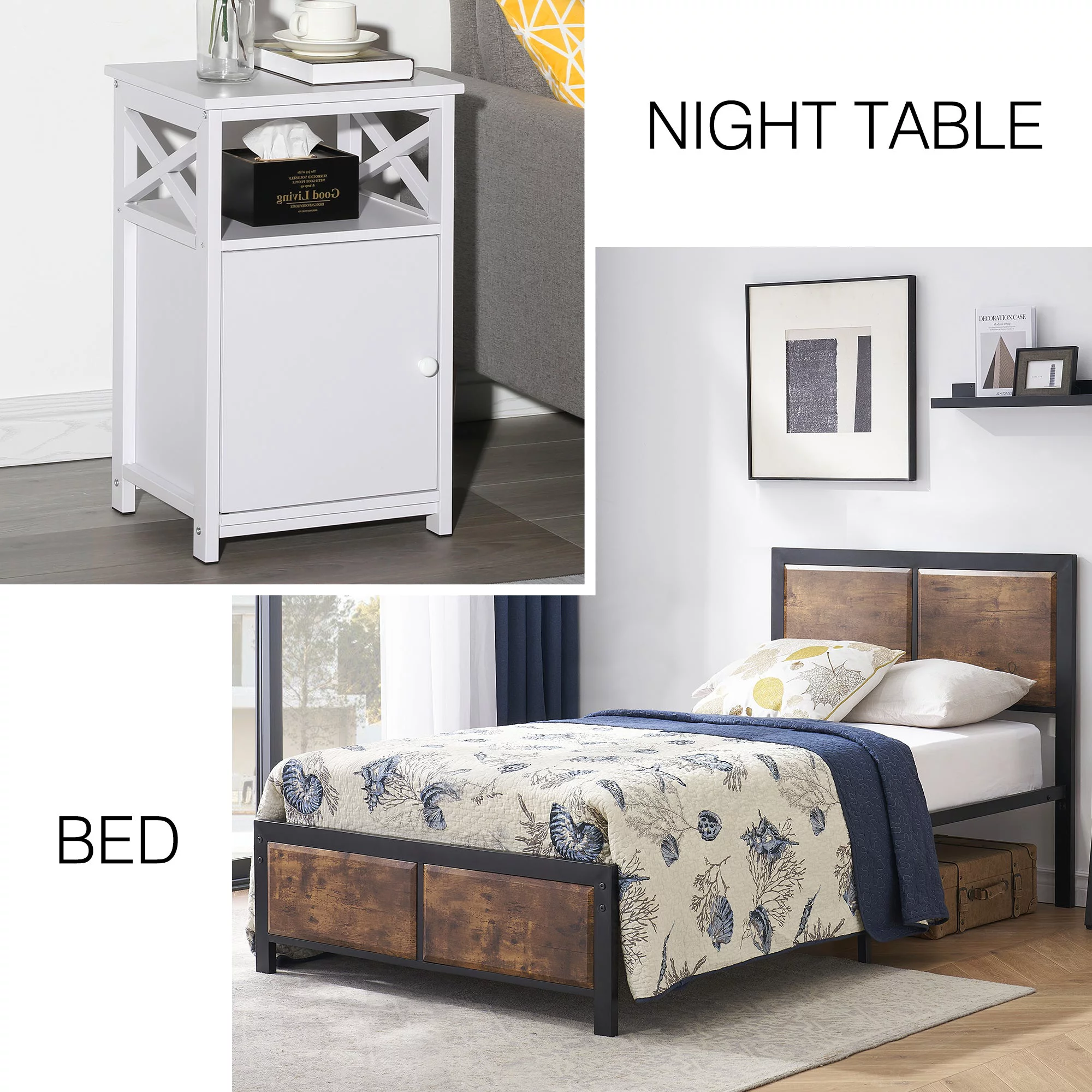 VECELO Twin Size Metal Platform Bed Frame and Nightstand, End Table with Cabinet, Wooden Headboard and Footboard