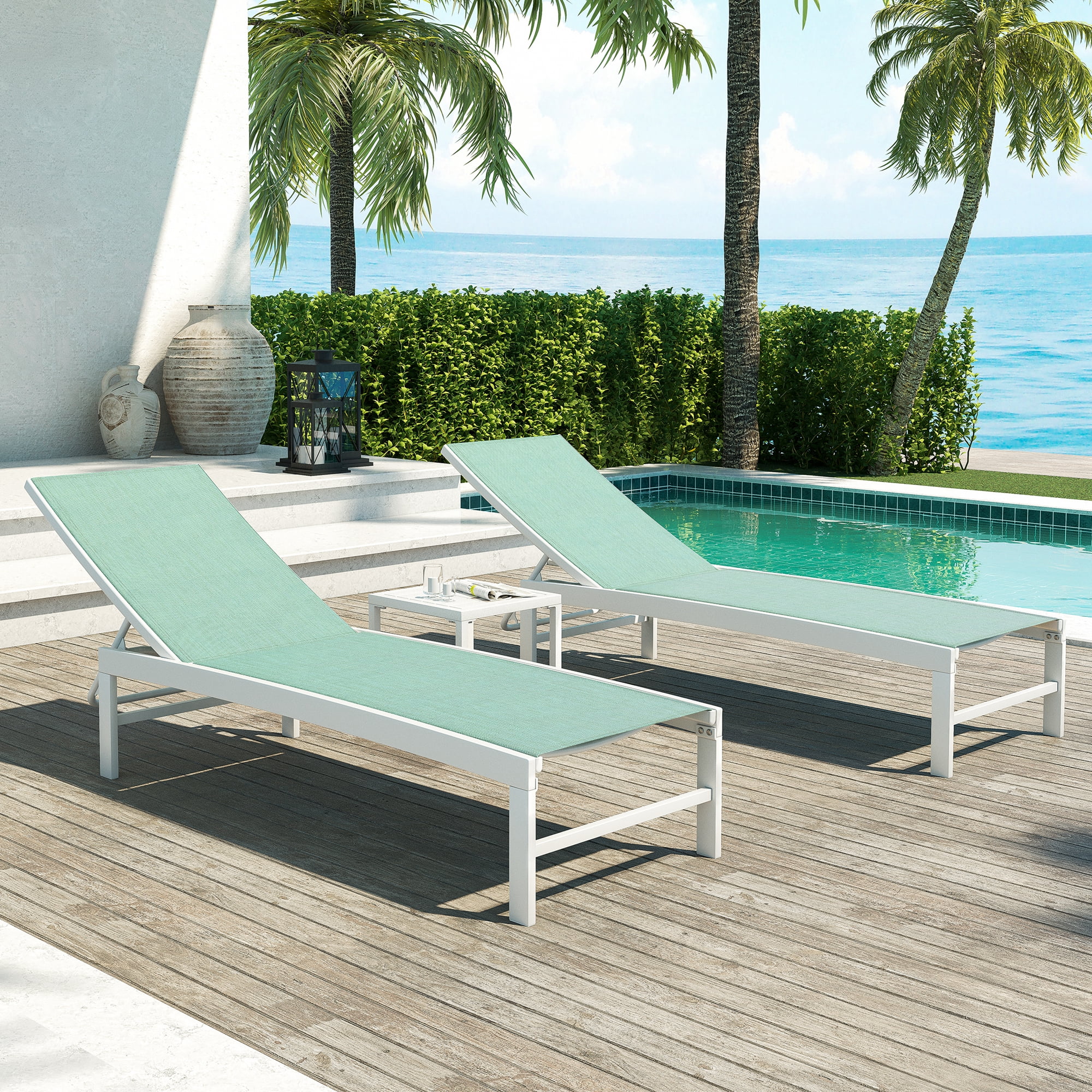 Crestlive Products Set of 3 Outdoor Aluminum Chaise Lounge Chairs and Table, Green