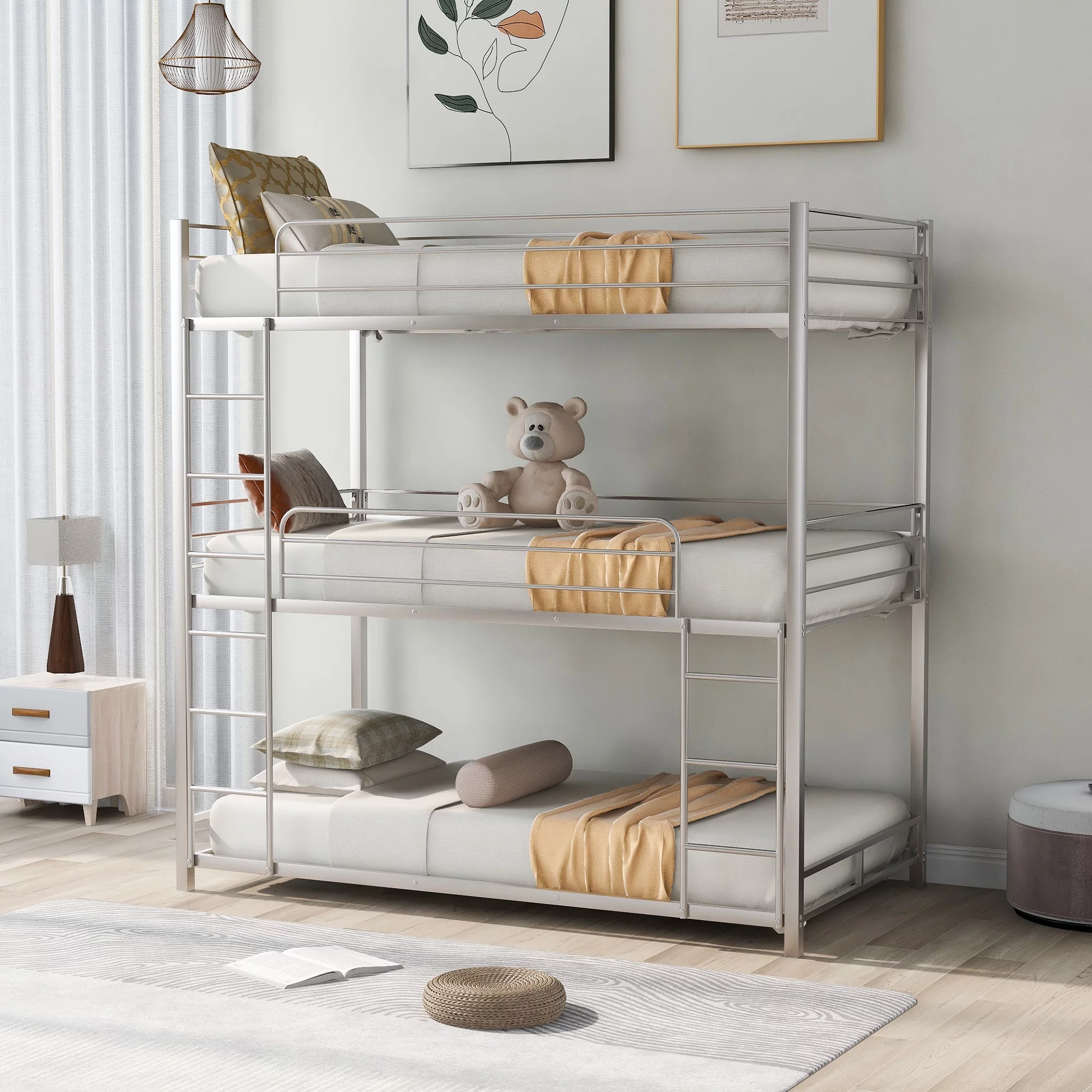 CHURANTY Metal Triple Bunk Bed Twin Over Twin Bunk Bed with Ladder and Safety Guardrail 3 Bunk Bed for Living Room Bedroom, Sliver