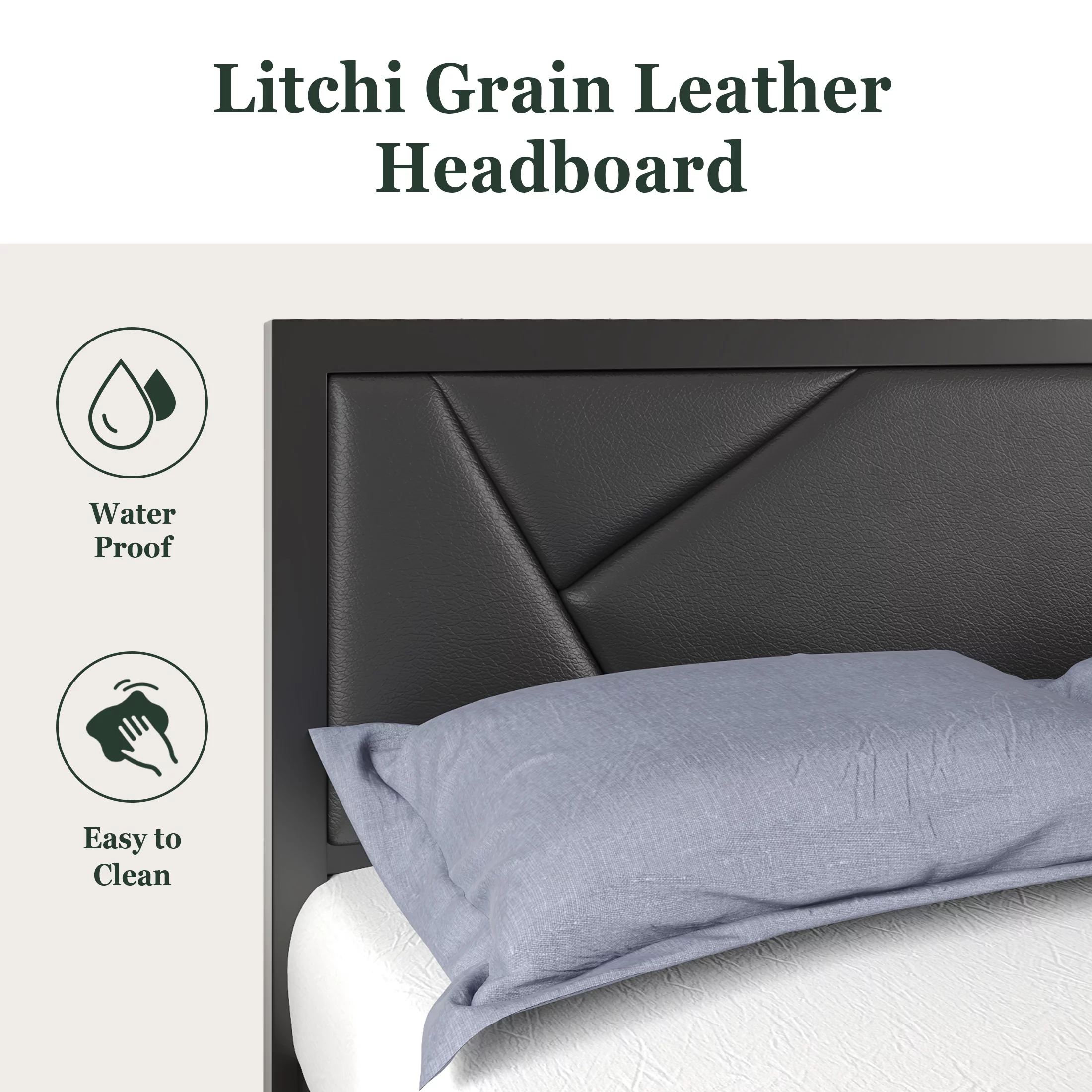 Amolife Twin Size Metal Bed Frame with Litchi Grain Faux Leather Geometric Upholstered Headboard, Black